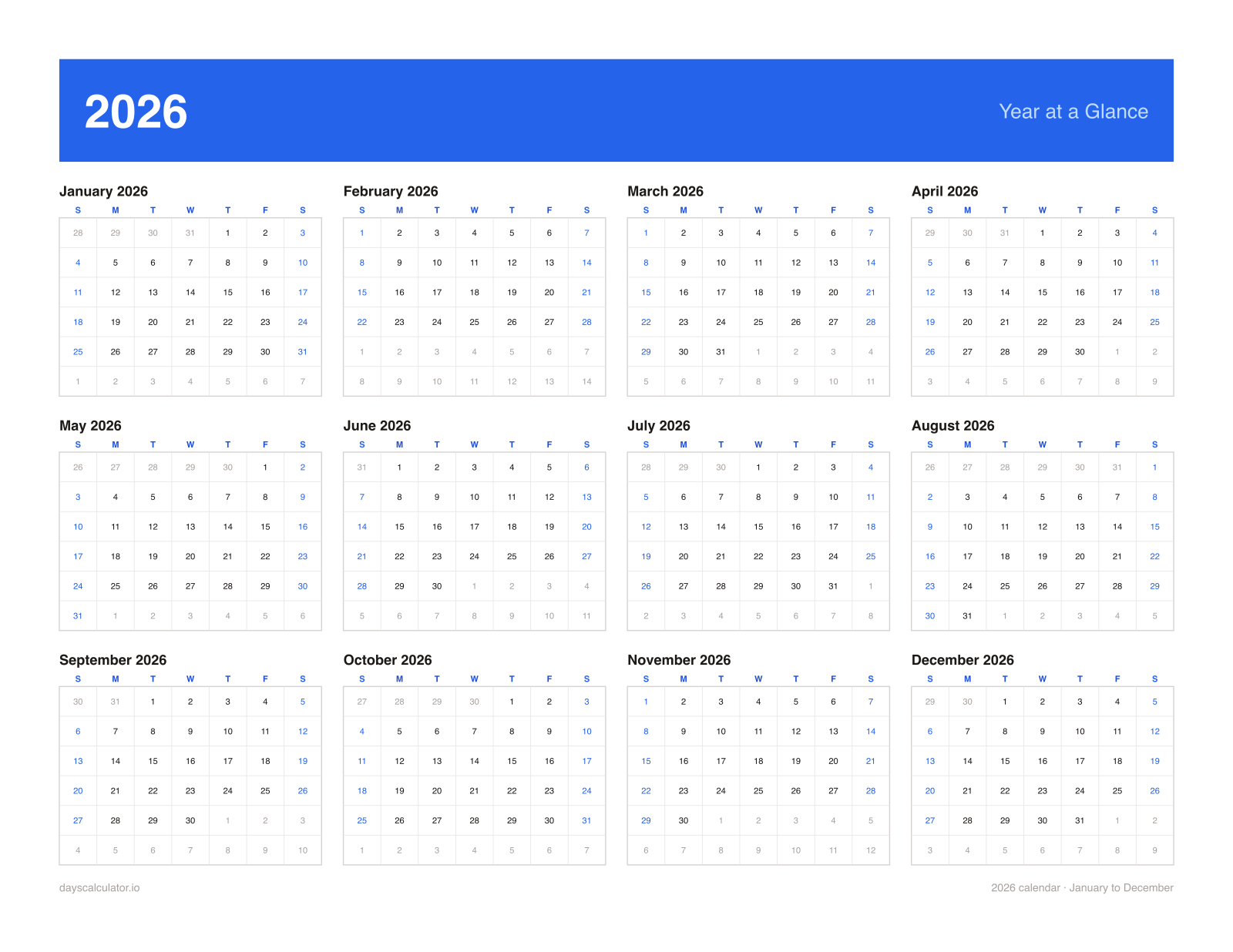 2026 calendar year at a glance — all twelve months on one printable page