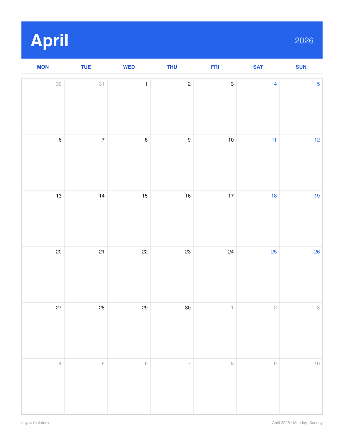 April 2026 printable calendar, Monday to Sunday week layout