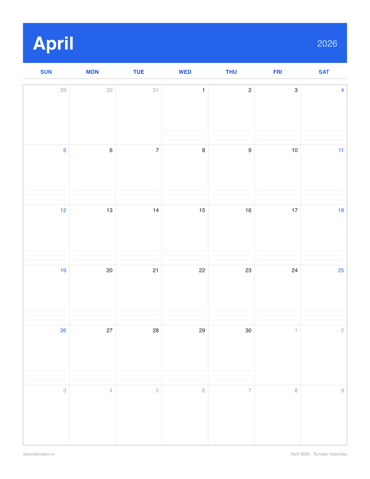 April 2026 printable calendar, Sunday to Saturday week layout, with ruled notes lines in each day