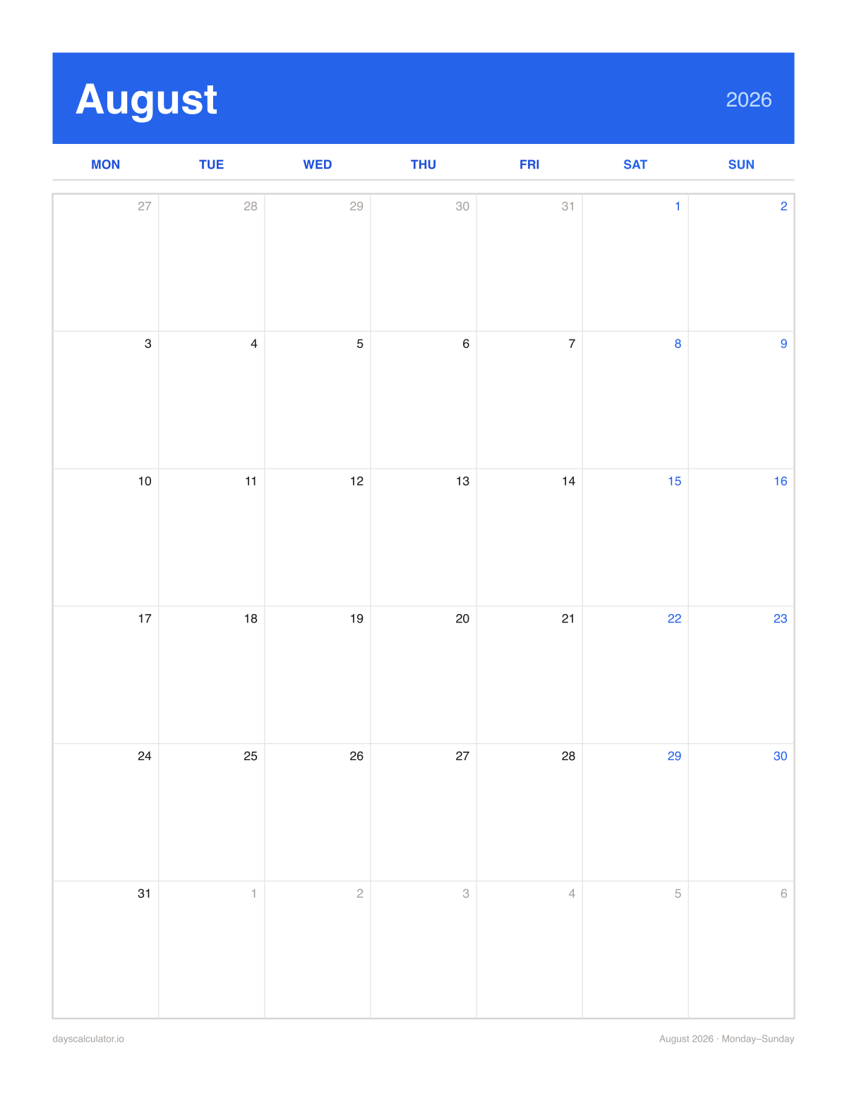August 2026 printable calendar, Monday to Sunday week layout