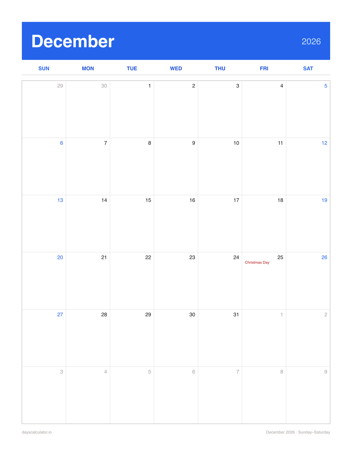 December 2026 printable calendar, Sunday to Saturday week layout, with US federal holidays marked