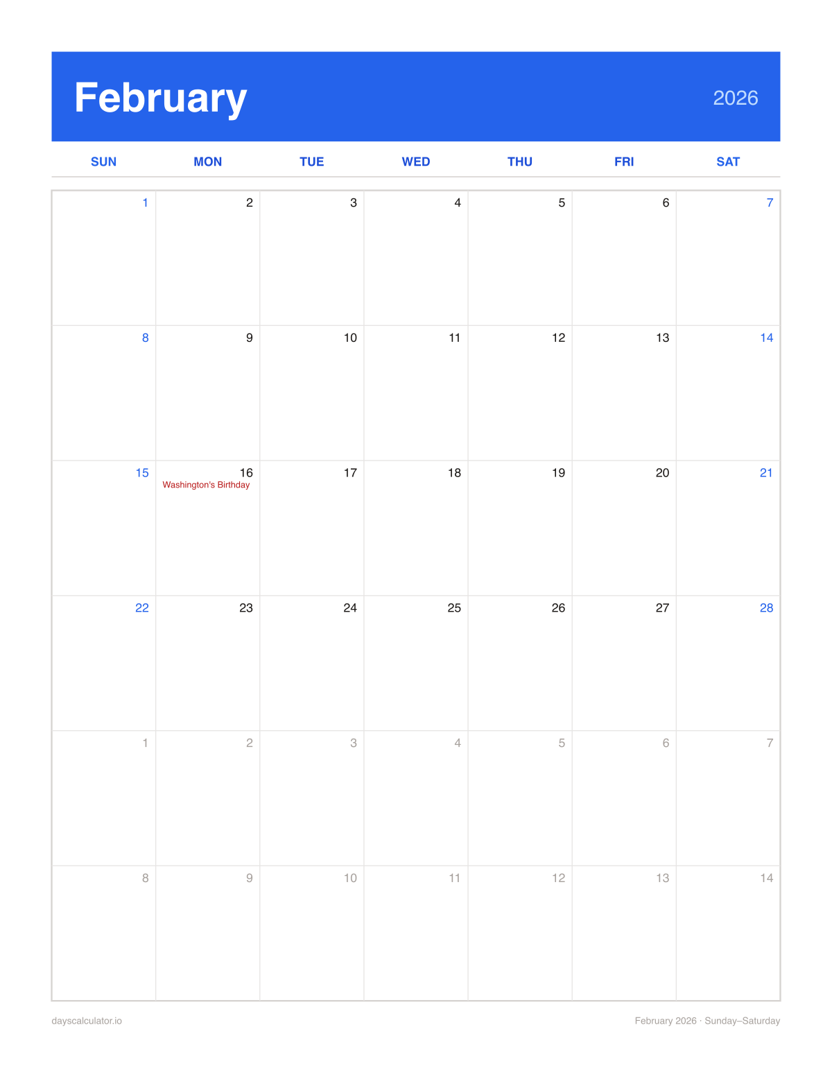 February 2026 printable calendar, Sunday to Saturday week layout, with US federal holidays marked