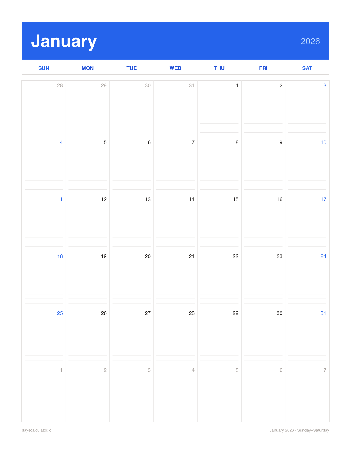 January 2026 printable calendar, Sunday to Saturday week layout, with ruled notes lines in each day