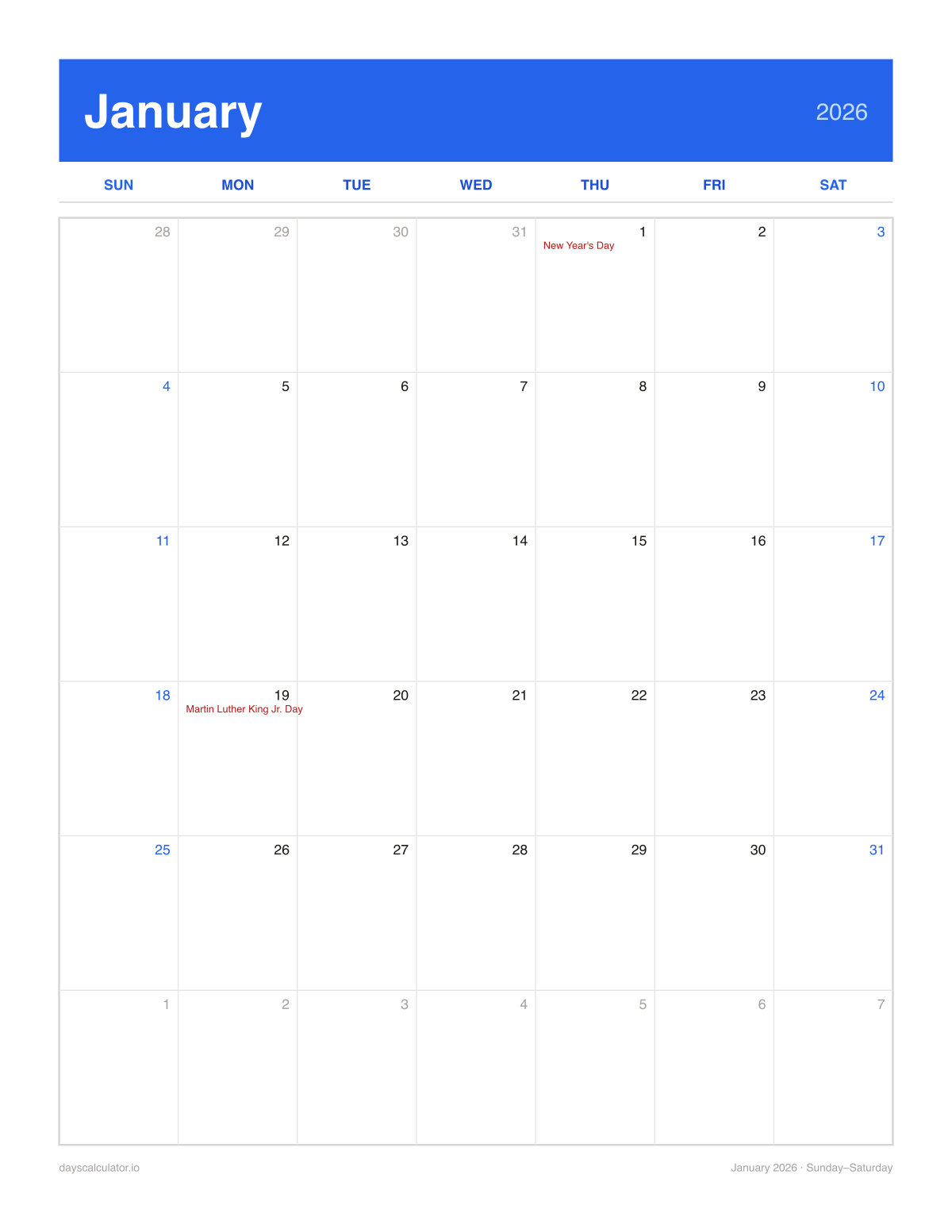 January 2026 printable calendar, Sunday to Saturday week layout, with US federal holidays marked