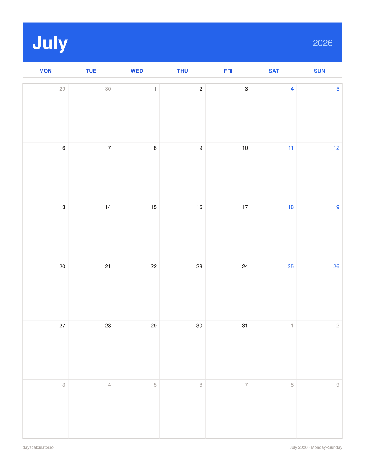 July 2026 printable calendar, Monday to Sunday week layout