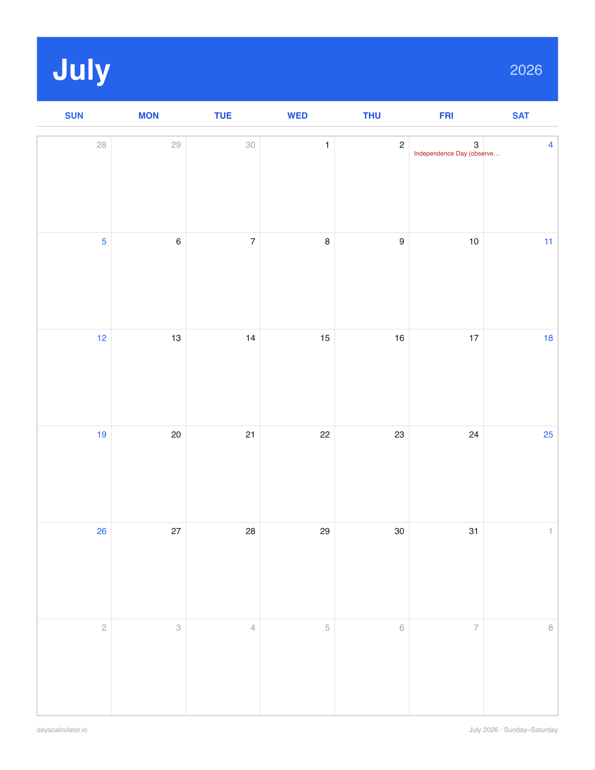 July 2026 printable calendar, Sunday to Saturday week layout, with US federal holidays marked