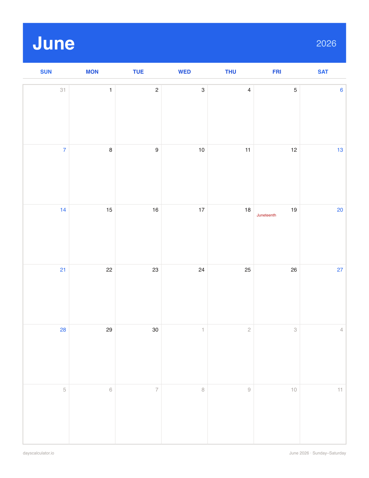 June 2026 printable calendar, Sunday to Saturday week layout, with US federal holidays marked
