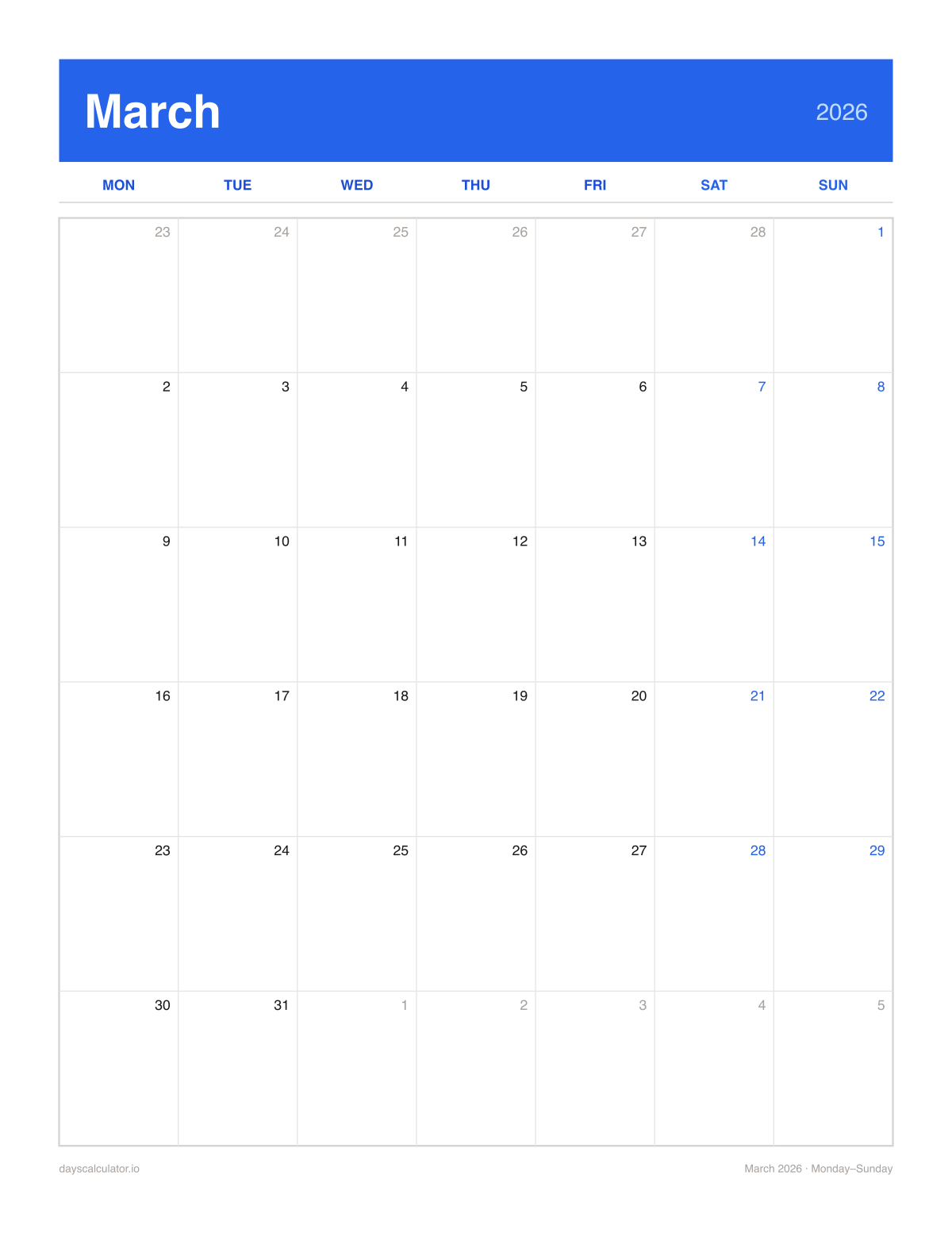 March 2026 printable calendar, Monday to Sunday week layout