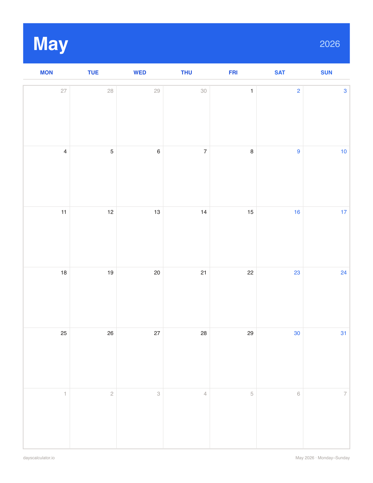 May 2026 printable calendar, Monday to Sunday week layout