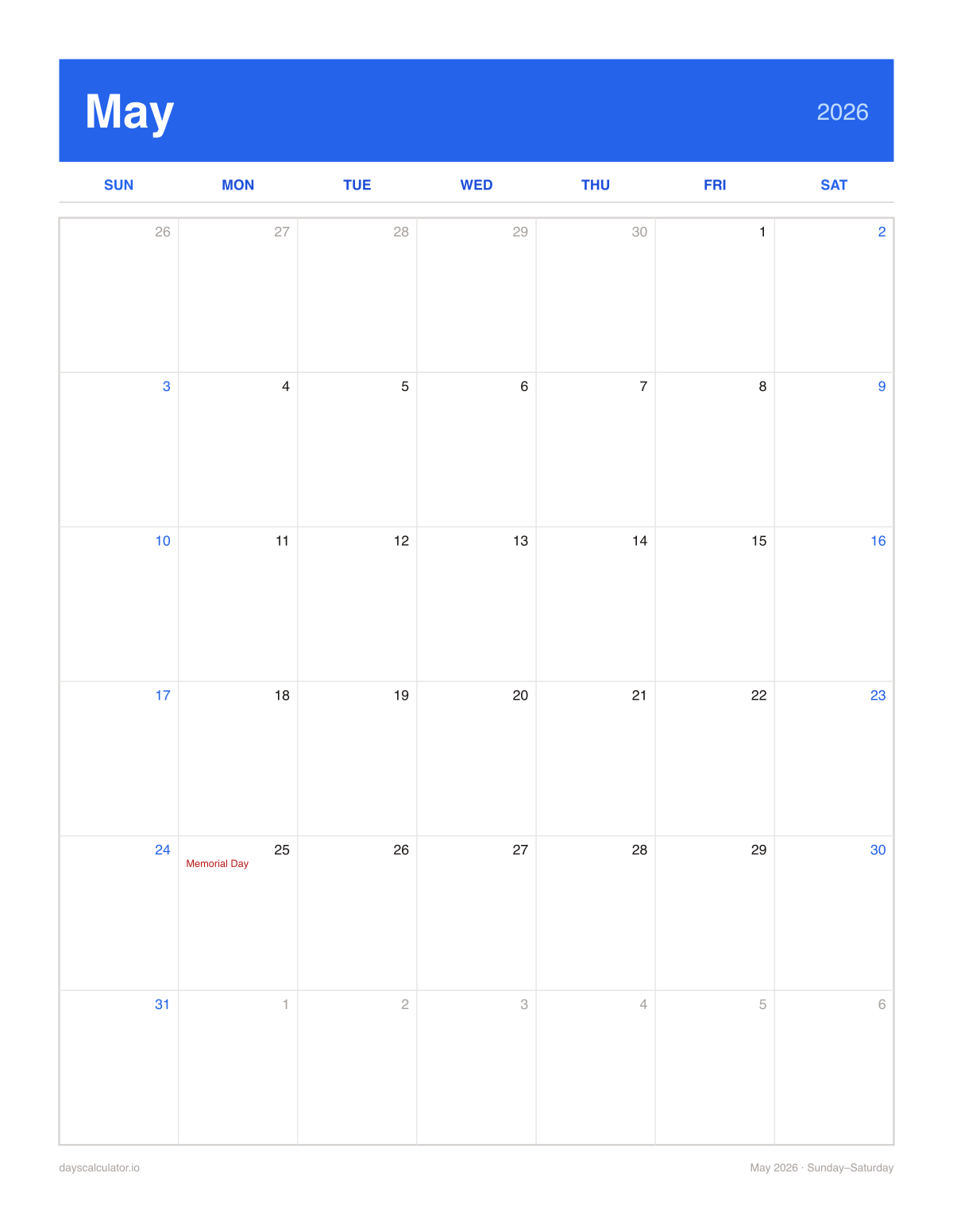 May 2026 printable calendar, Sunday to Saturday week layout, with US federal holidays marked