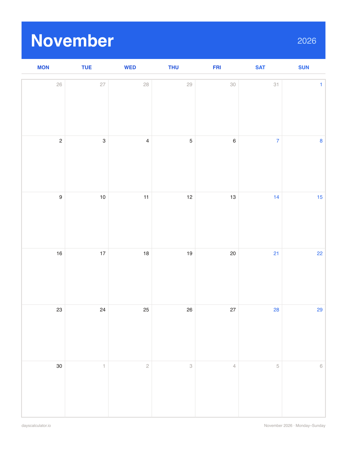 November 2026 printable calendar, Monday to Sunday week layout