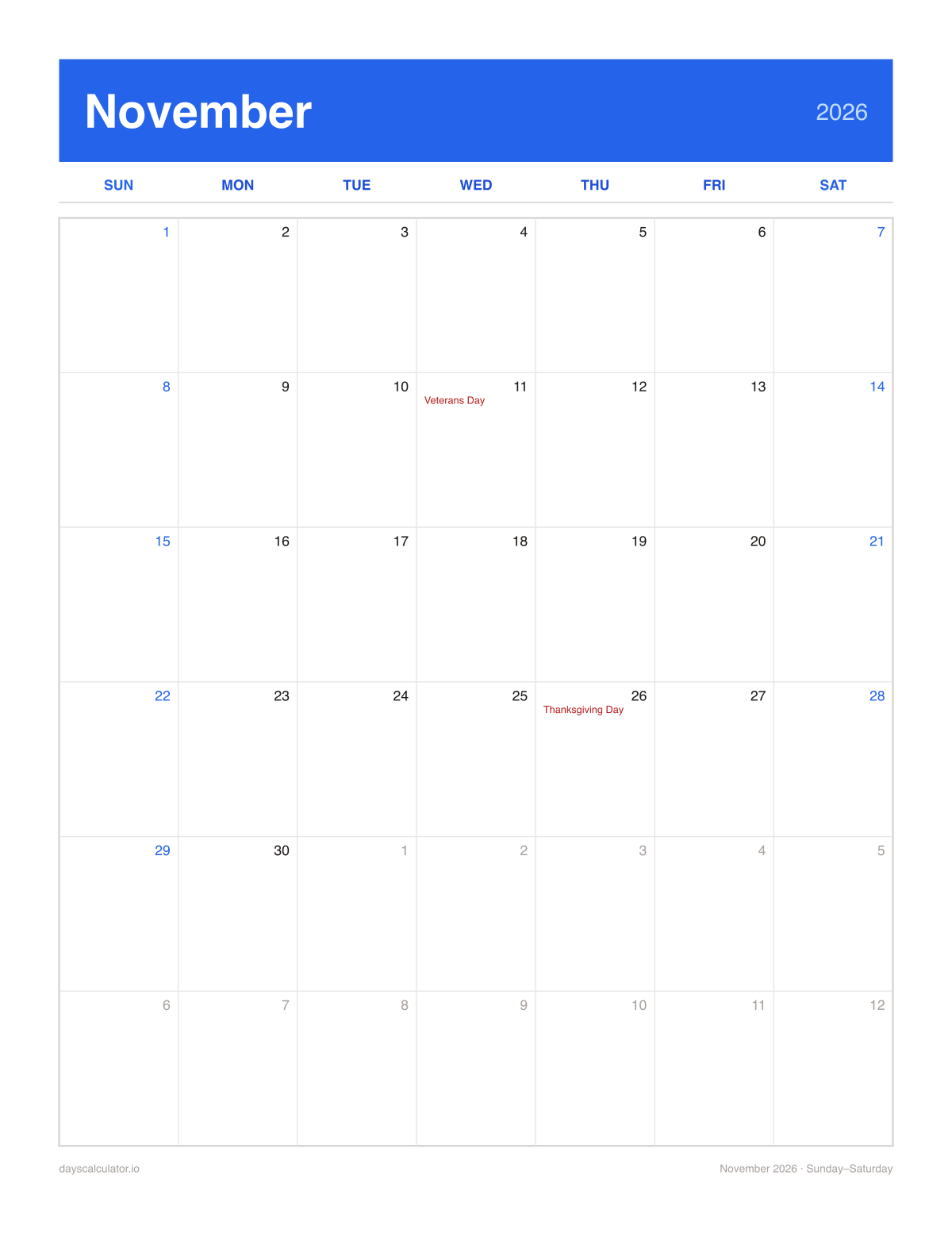 November 2026 printable calendar, Sunday to Saturday week layout, with US federal holidays marked