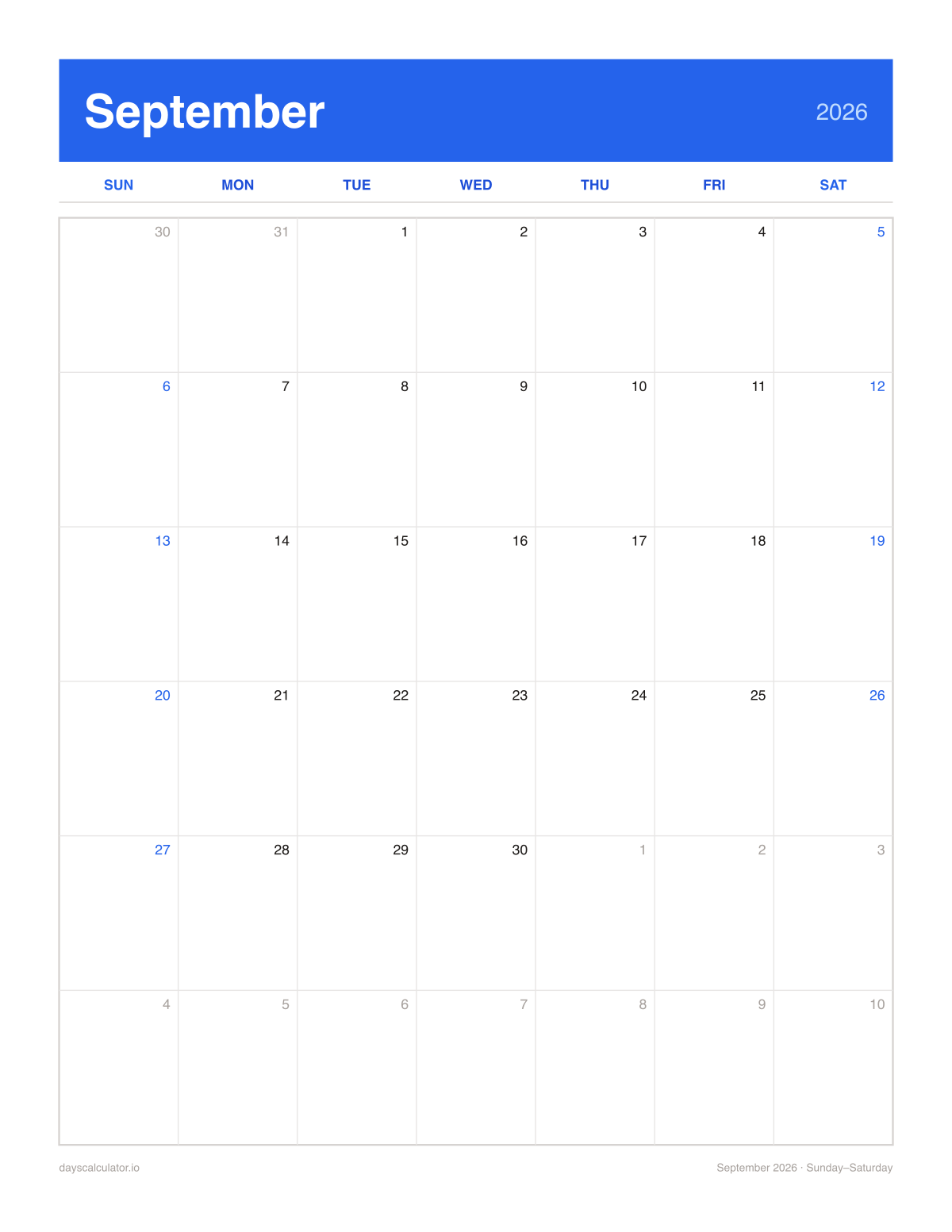 September 2026 printable calendar, Sunday to Saturday week layout