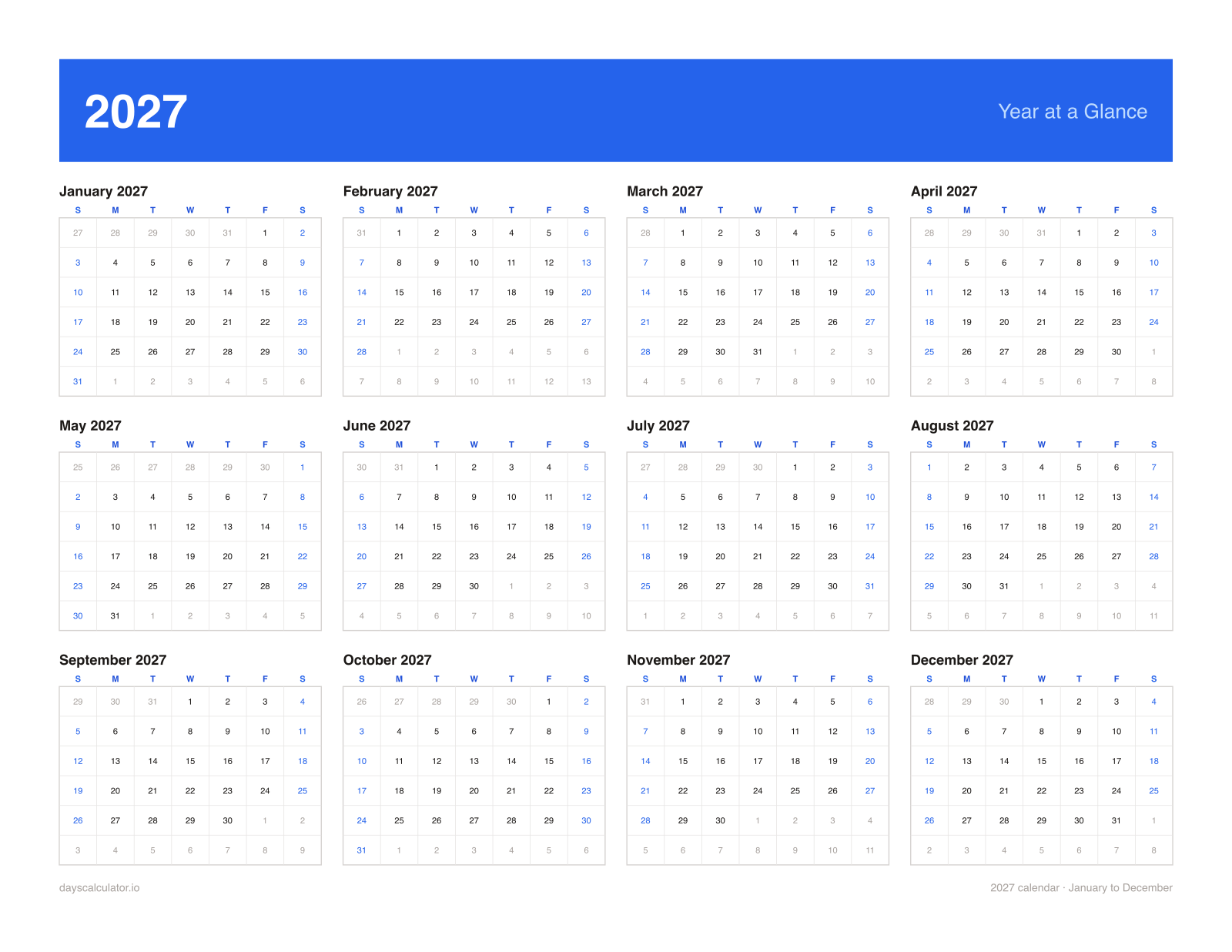 2027 calendar year at a glance — all twelve months on one printable page