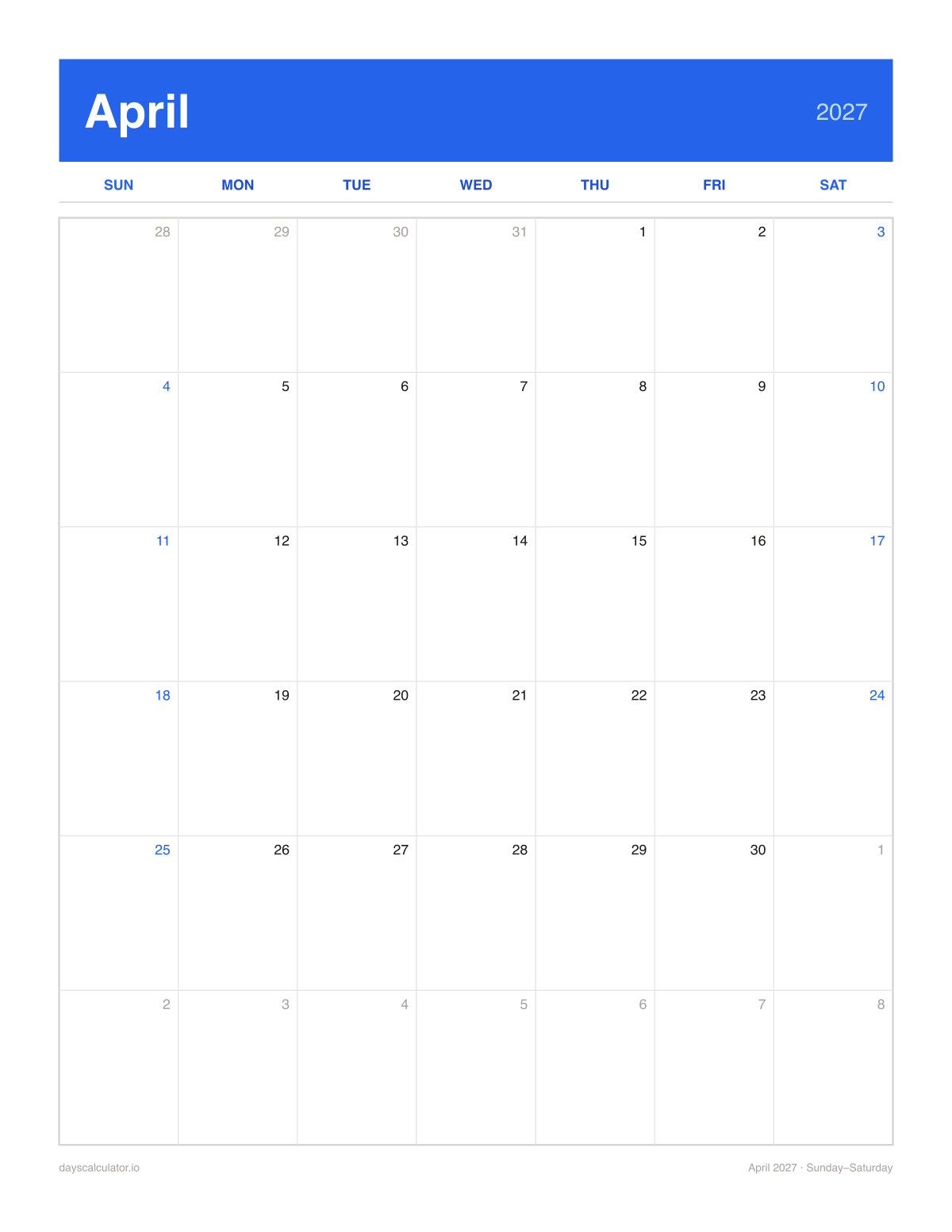 April 2027 printable calendar, Sunday to Saturday week layout