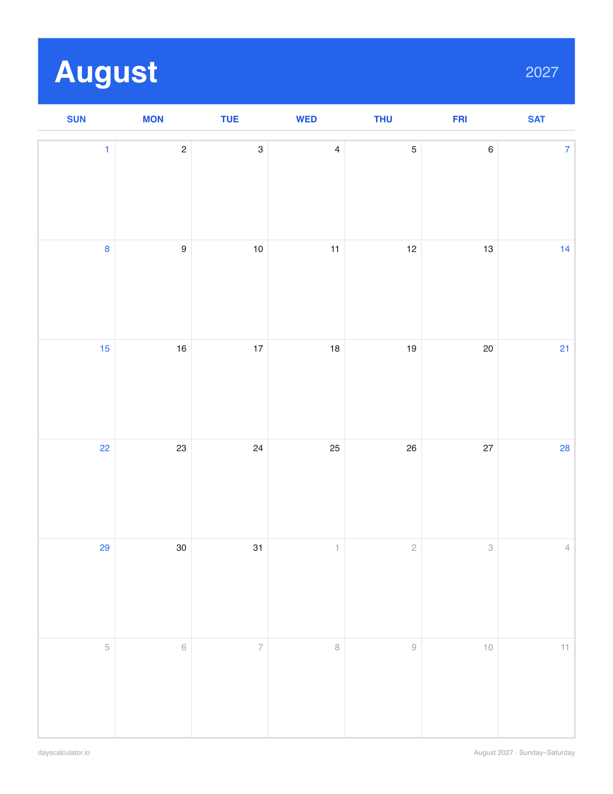 August 2027 printable calendar, Sunday to Saturday week layout, with US federal holidays marked