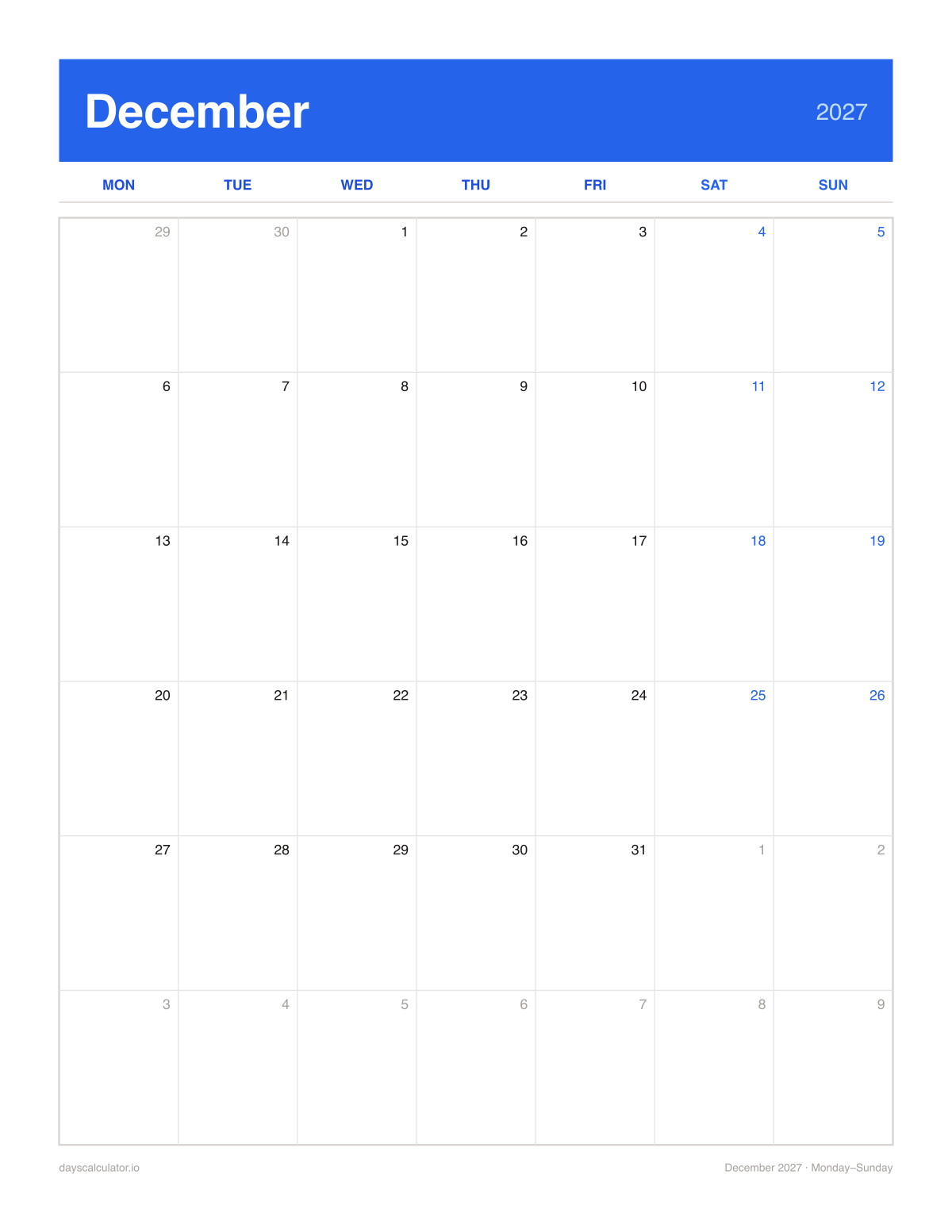 December 2027 printable calendar, Monday to Sunday week layout