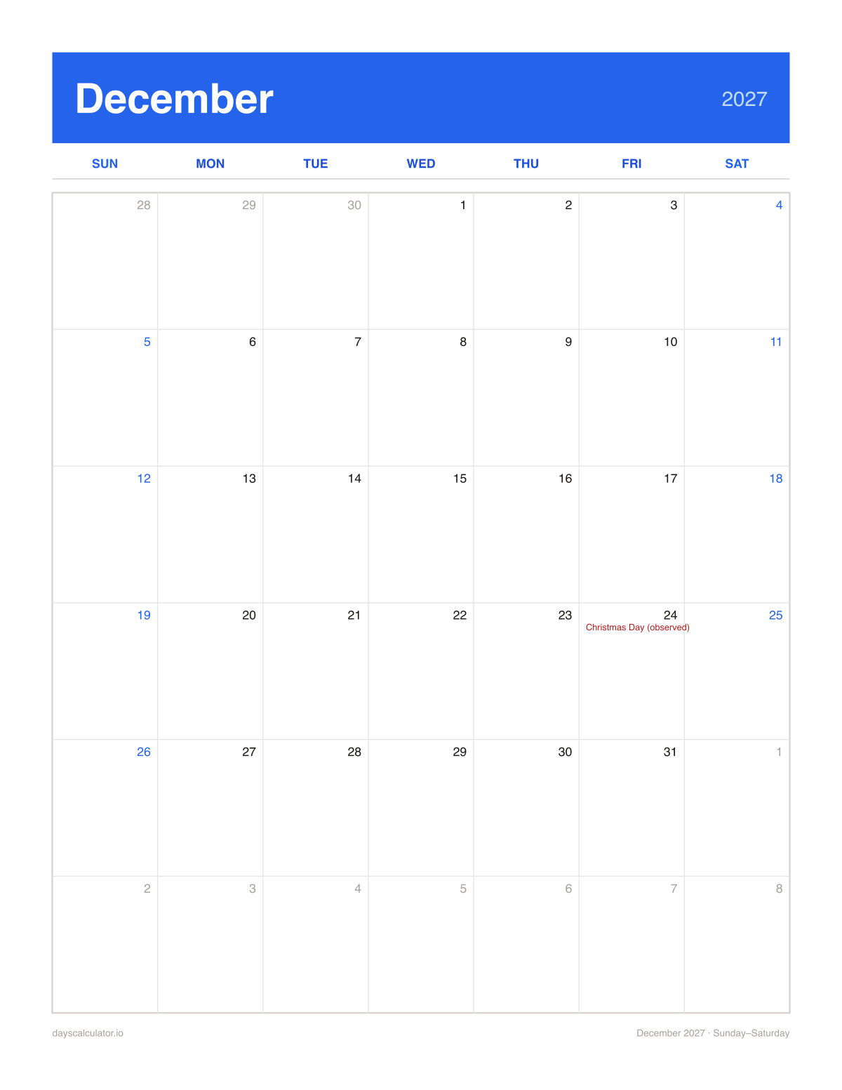 December 2027 printable calendar, Sunday to Saturday week layout, with US federal holidays marked