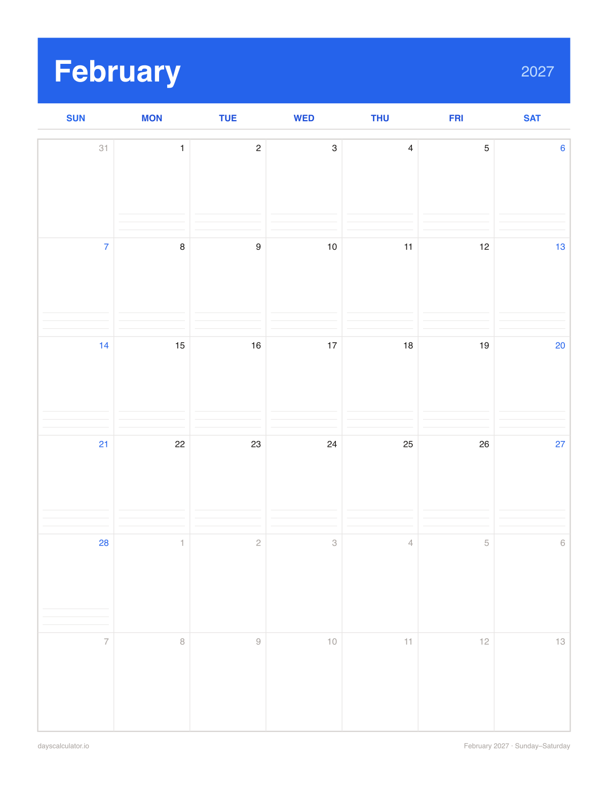 February 2027 printable calendar, Sunday to Saturday week layout, with ruled notes lines in each day