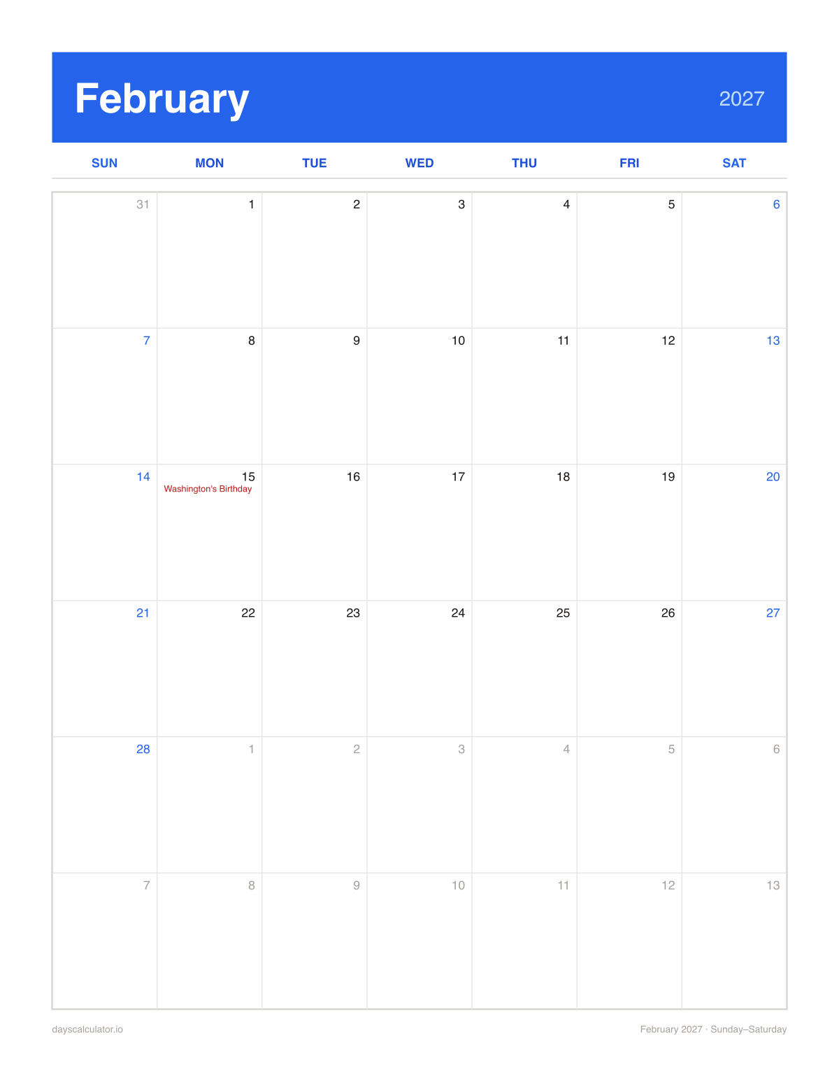 February 2027 printable calendar, Sunday to Saturday week layout, with US federal holidays marked
