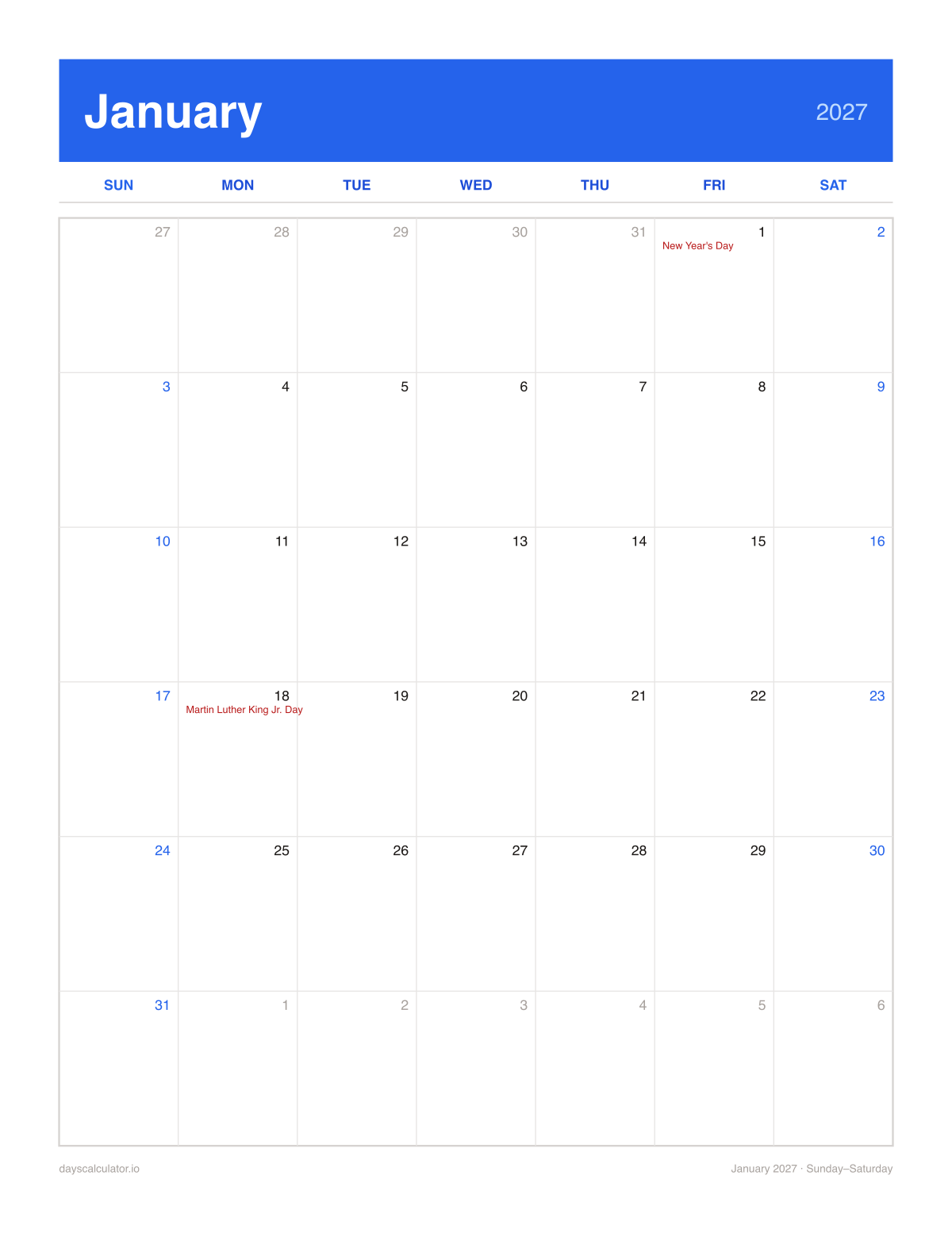 January 2027 printable calendar, Sunday to Saturday week layout, with US federal holidays marked