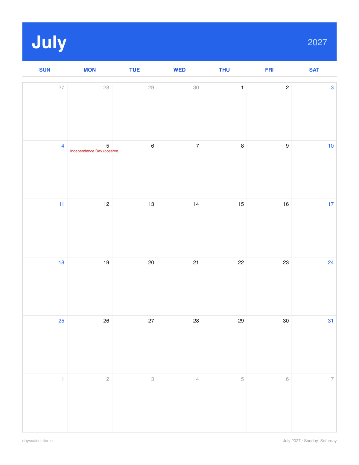 July 2027 printable calendar, Sunday to Saturday week layout, with US federal holidays marked