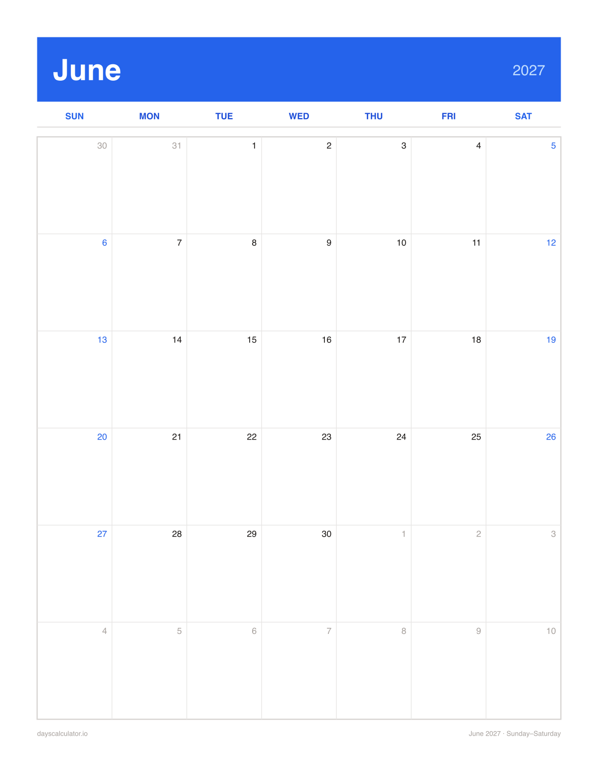 June 2027 printable calendar, Sunday to Saturday week layout