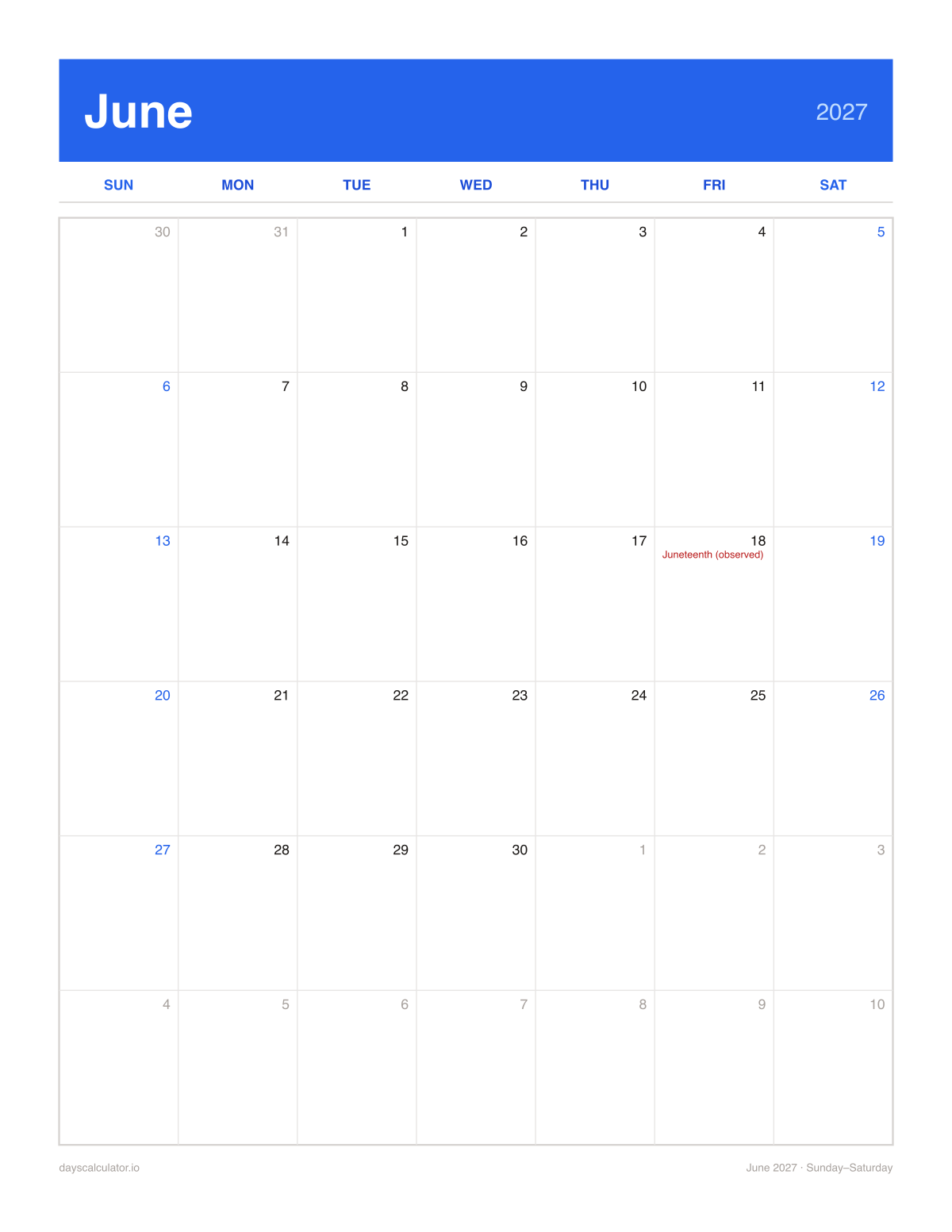 June 2027 printable calendar, Sunday to Saturday week layout, with US federal holidays marked