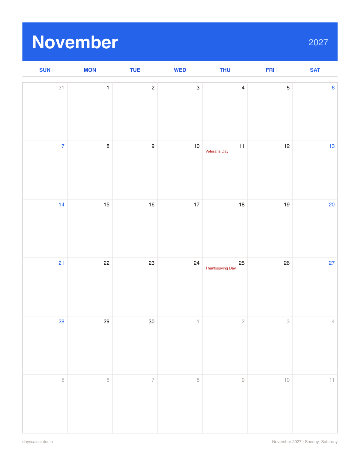 November 2027 printable calendar, Sunday to Saturday week layout, with US federal holidays marked