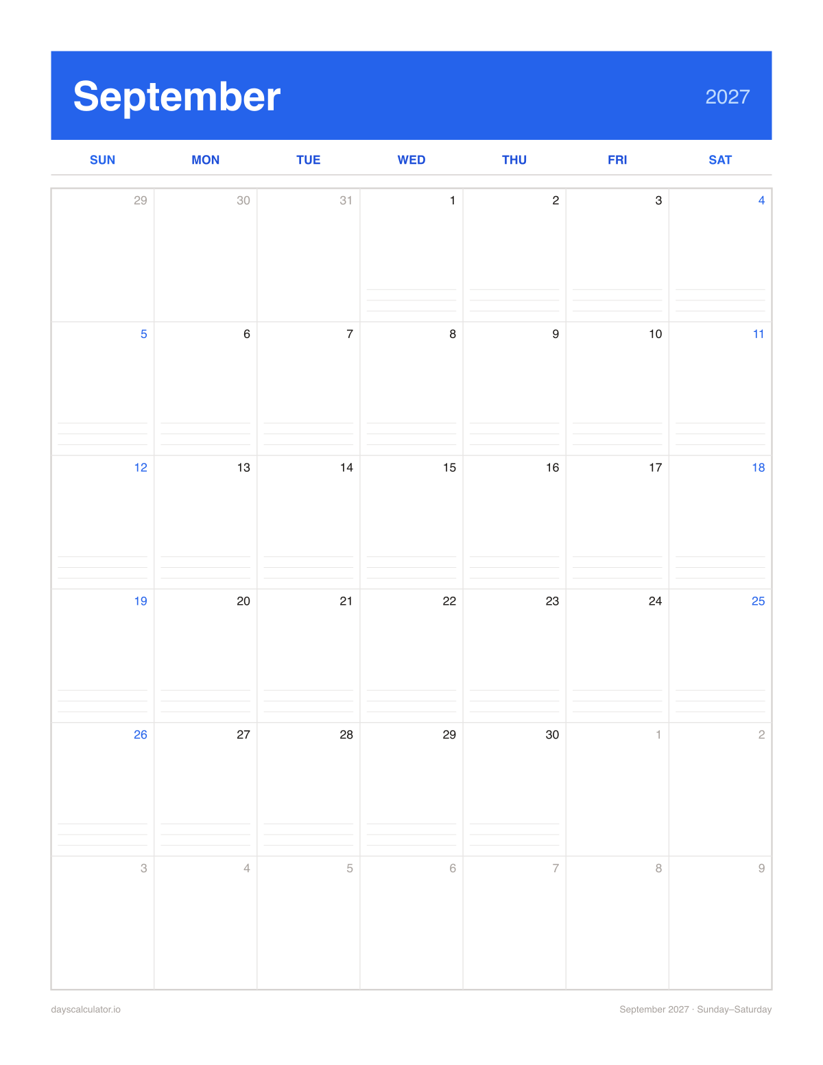 September 2027 printable calendar, Sunday to Saturday week layout, with ruled notes lines in each day