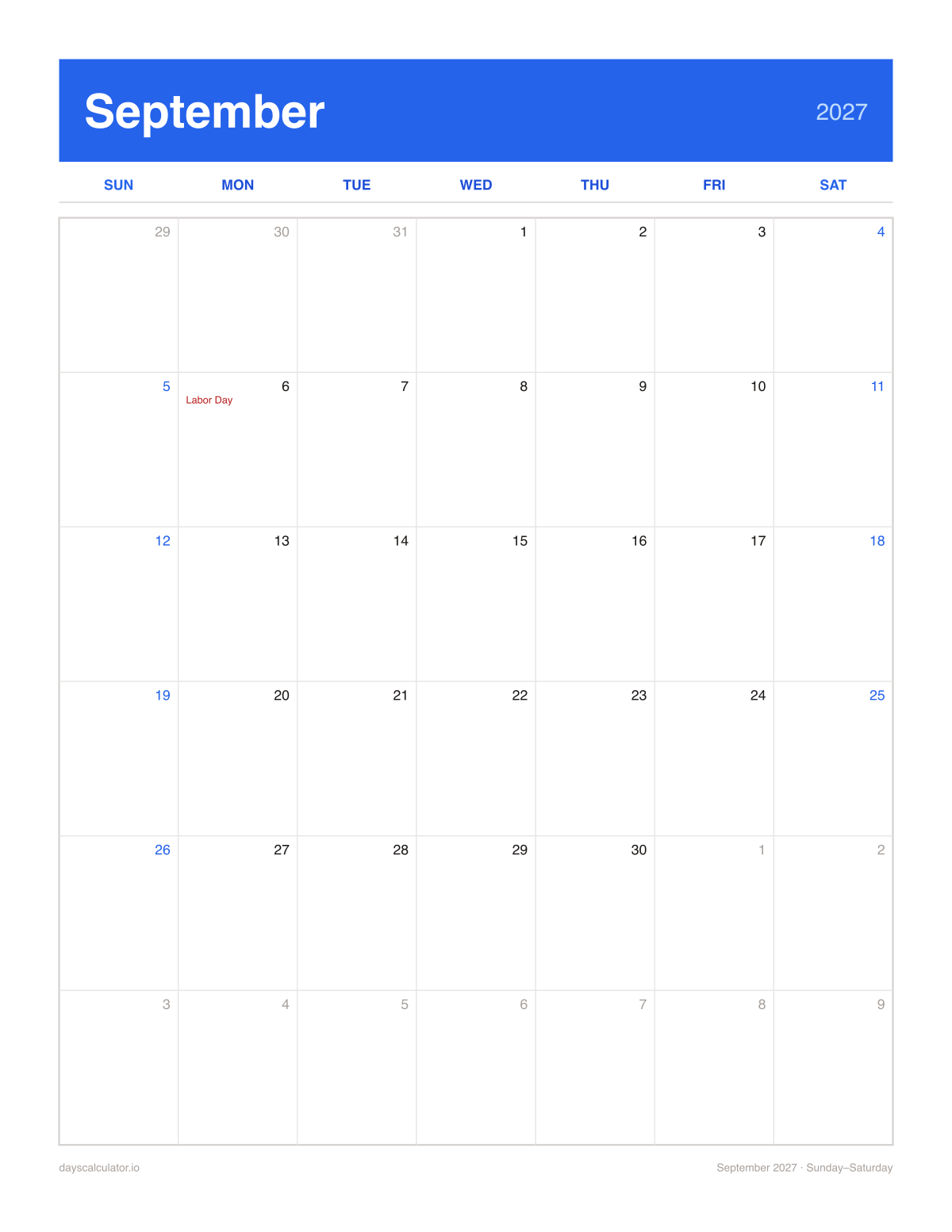 September 2027 printable calendar, Sunday to Saturday week layout, with US federal holidays marked