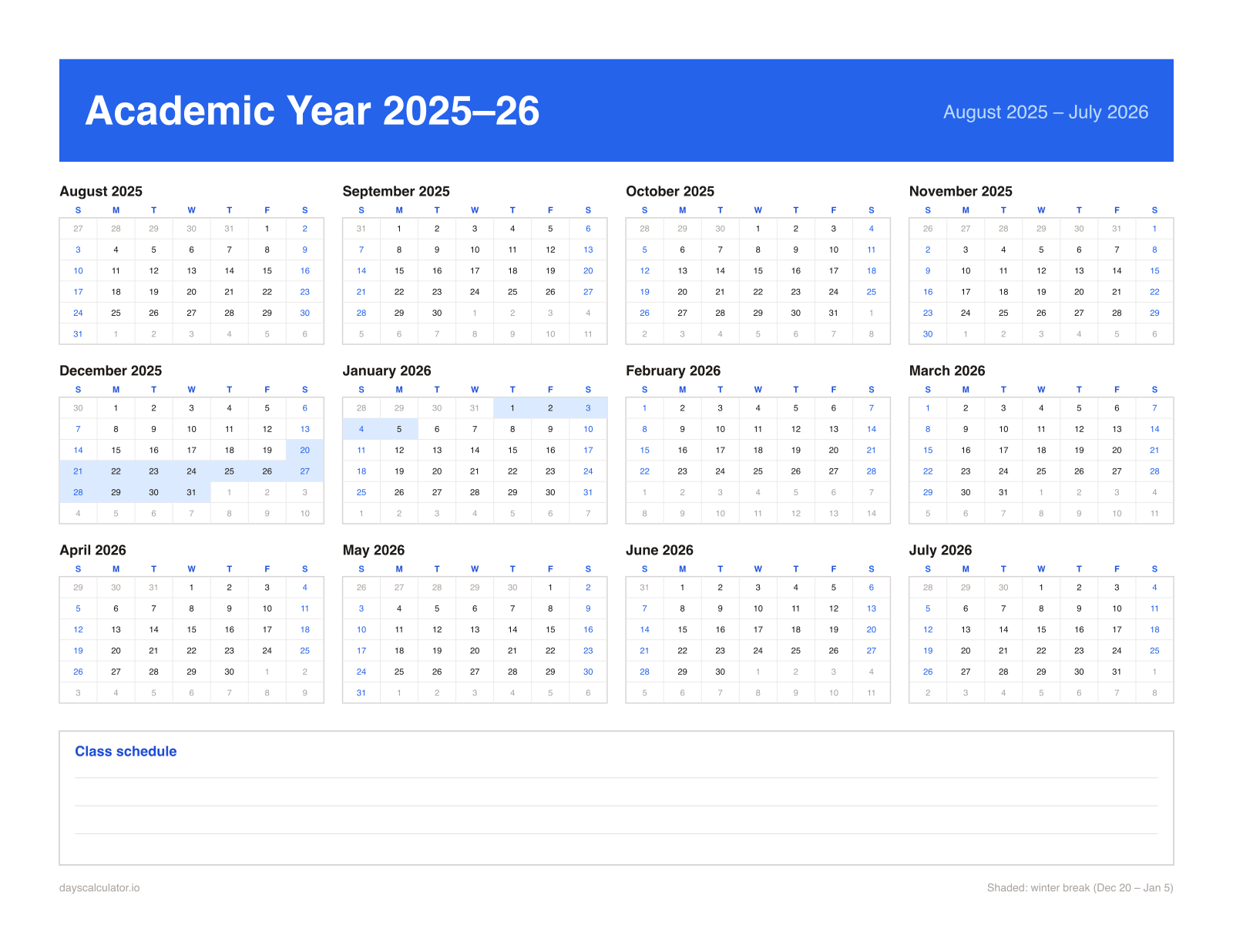 Printable academic calendar for the 2025–26 school year, August 2025 to July 2026, with winter break shaded