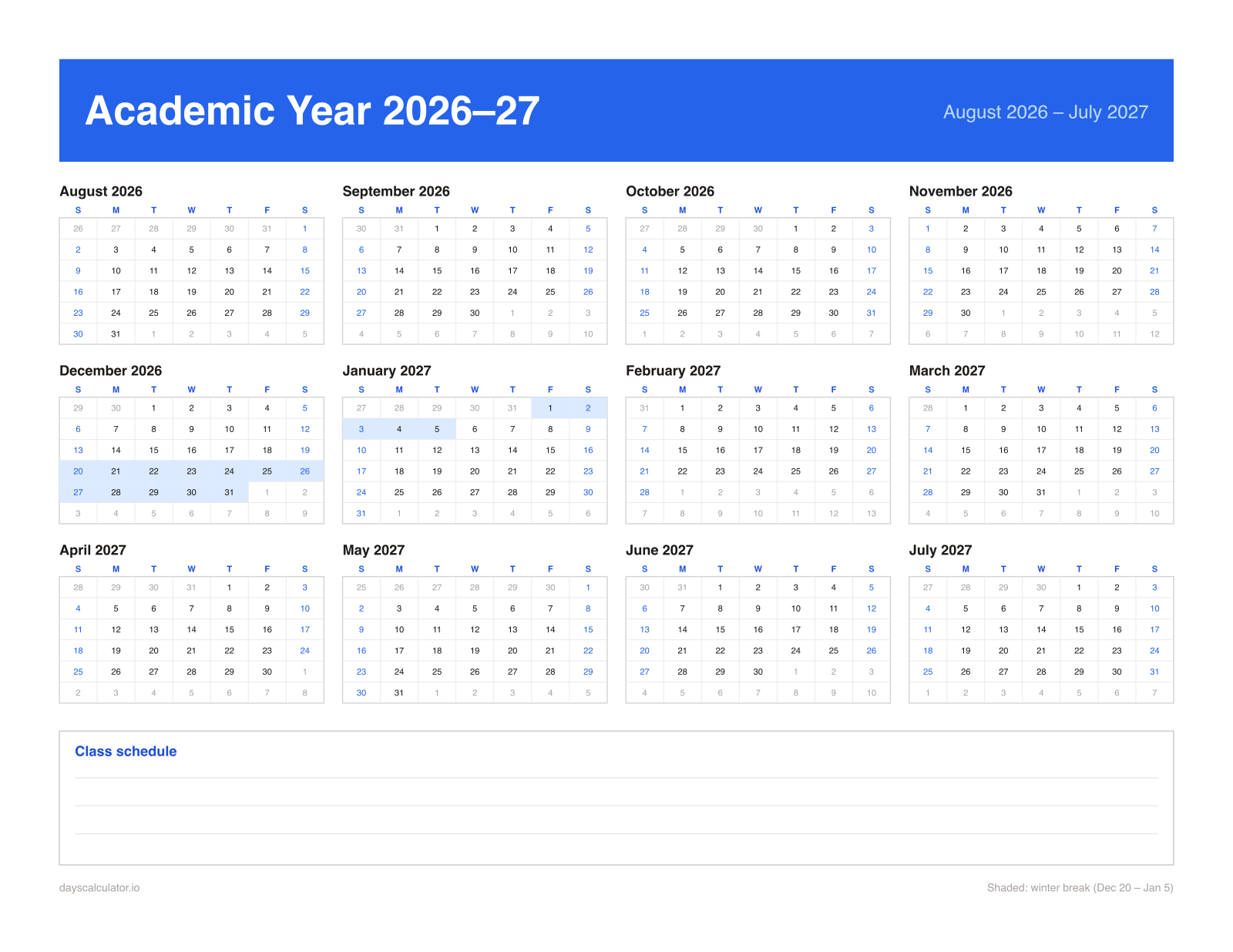 Printable academic calendar for the 2026–27 school year, August 2026 to July 2027, with winter break shaded
