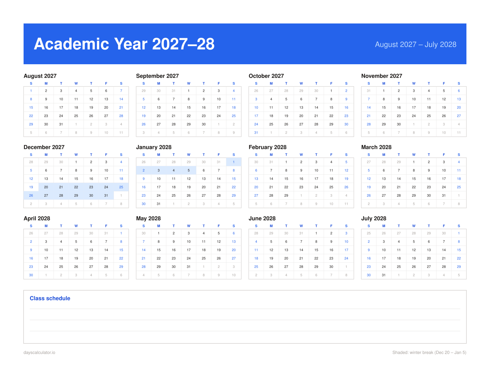 Printable academic calendar for the 2027–28 school year, August 2027 to July 2028, with winter break shaded