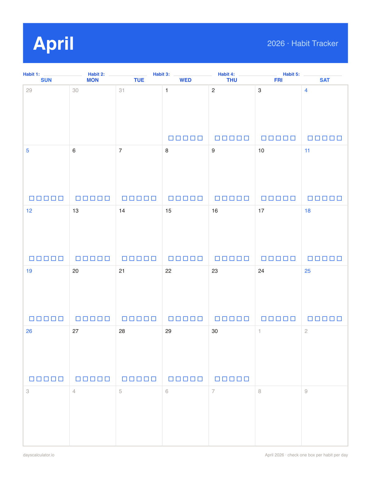 April 2026 printable habit tracker calendar with five checkboxes in each day