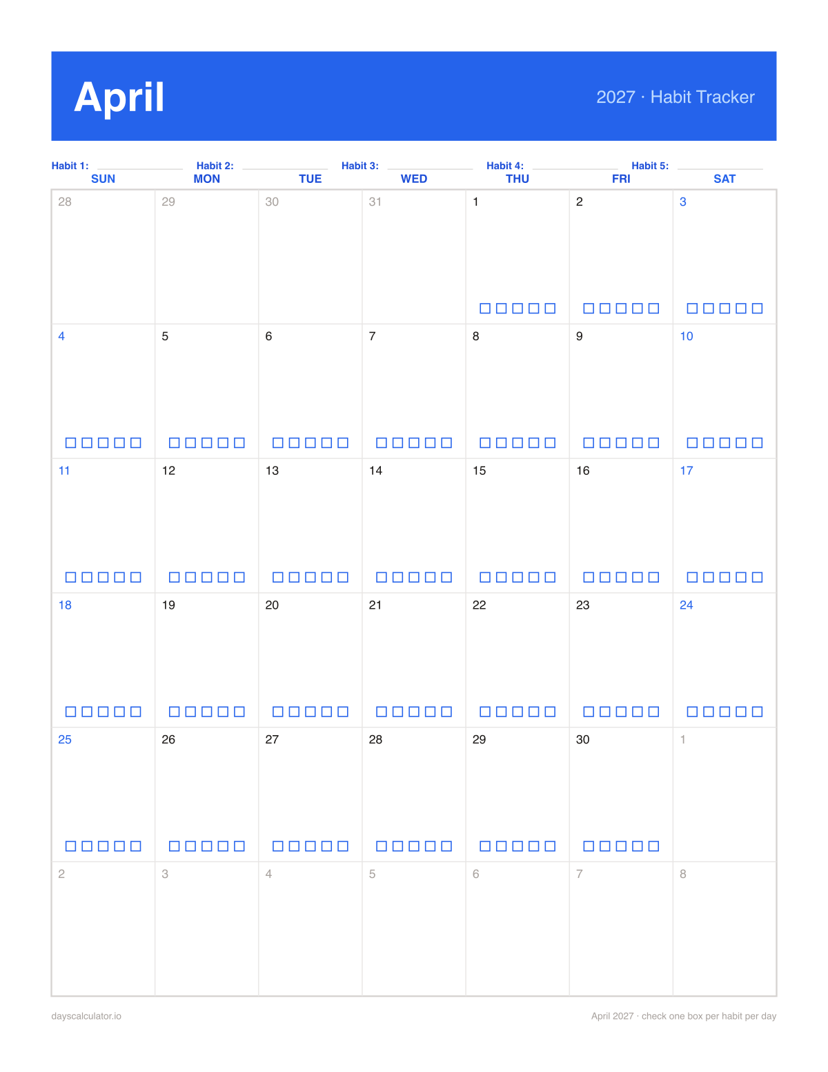 April 2027 printable habit tracker calendar with five checkboxes in each day