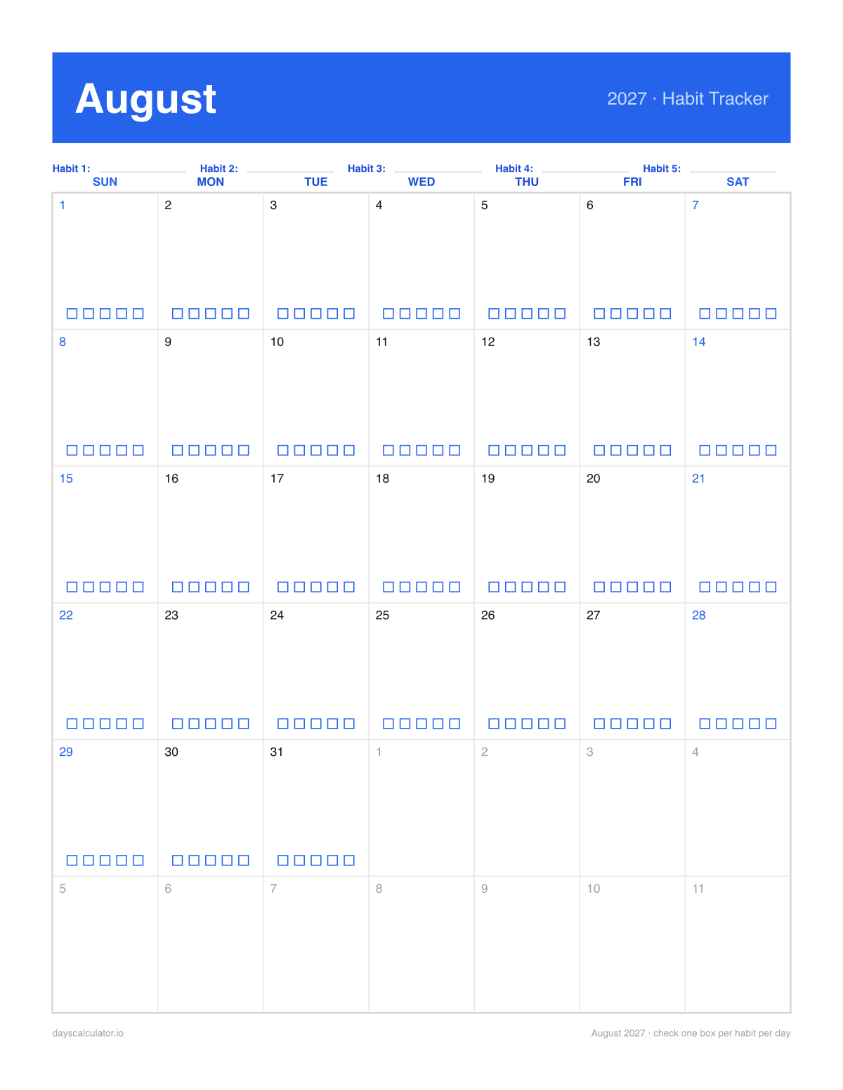 August 2027 printable habit tracker calendar with five checkboxes in each day