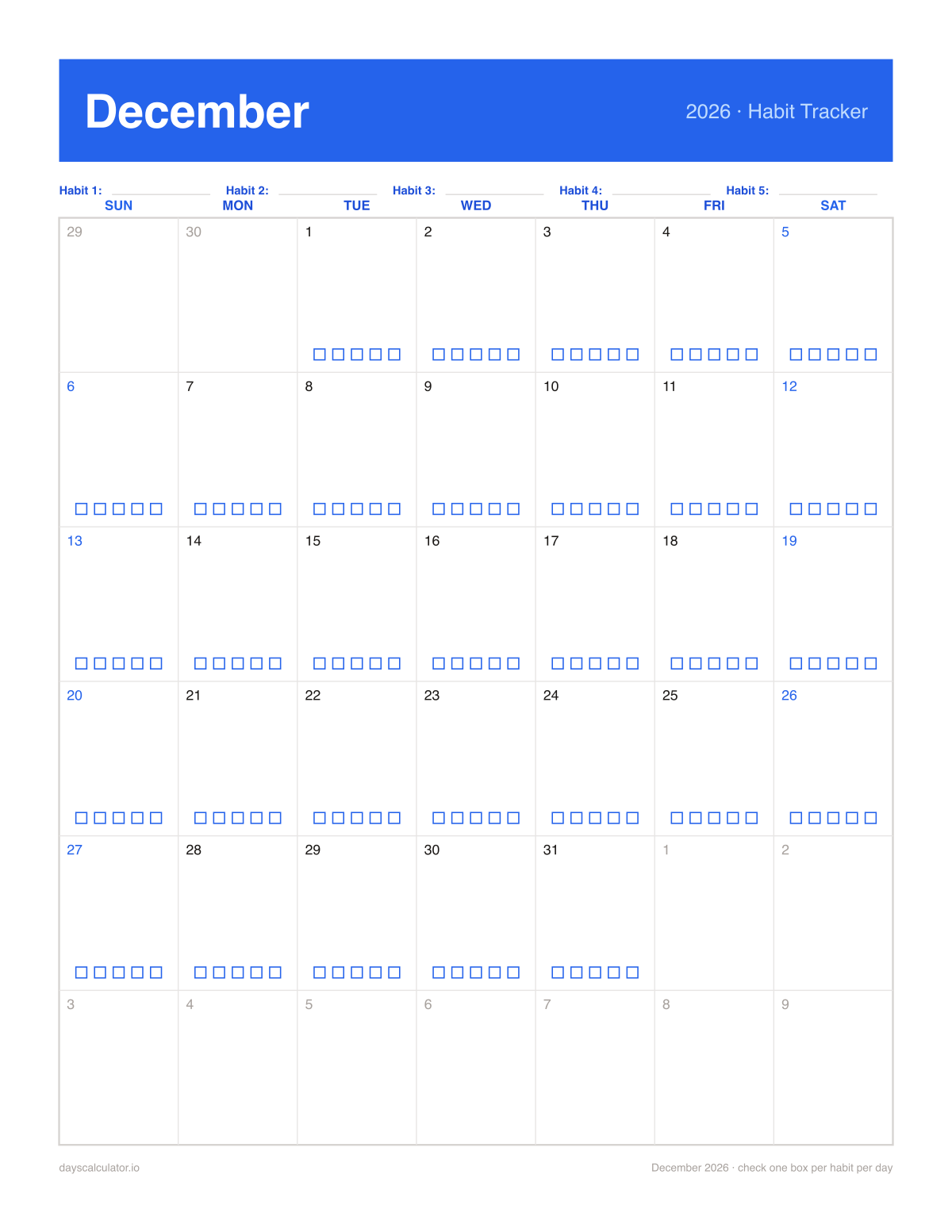 December 2026 printable habit tracker calendar with five checkboxes in each day