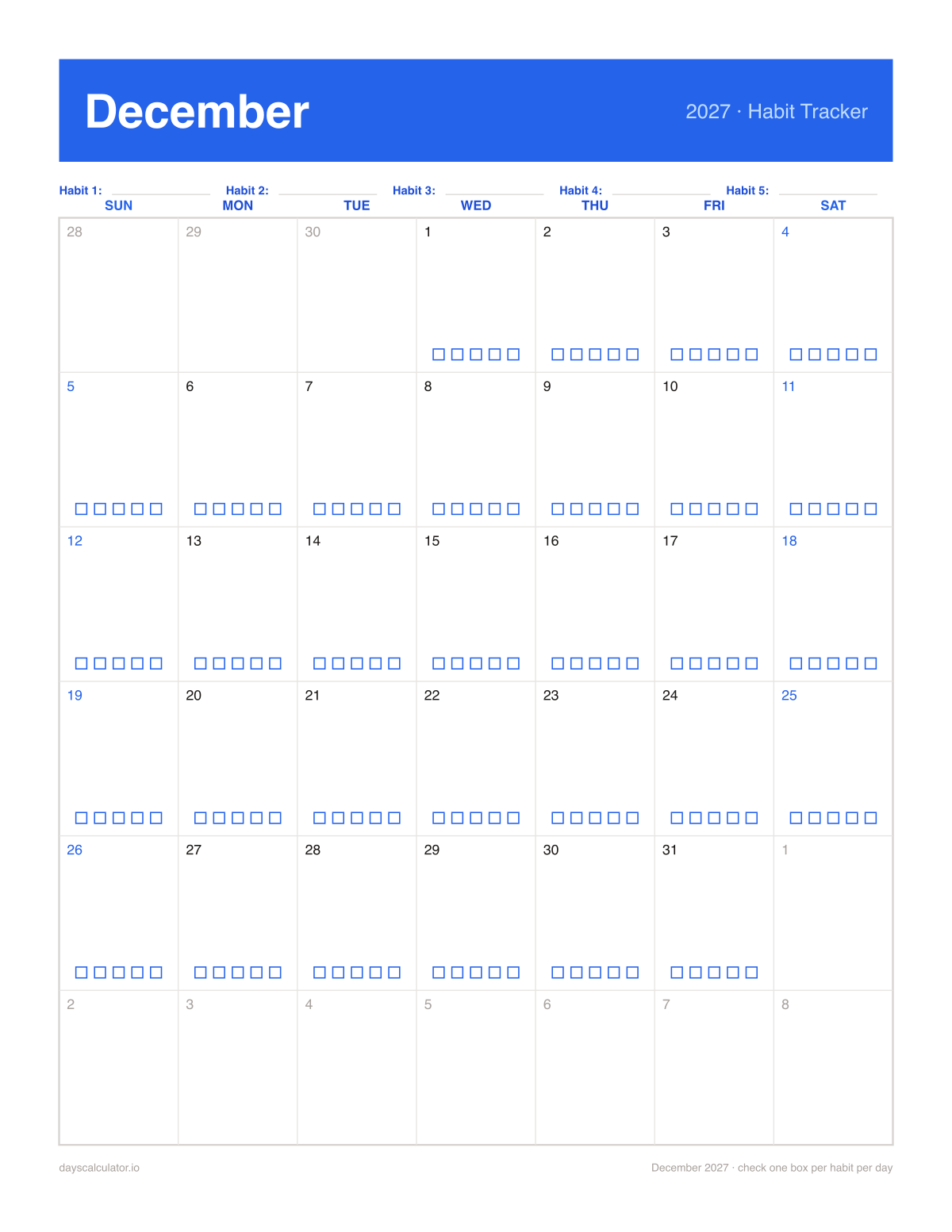 December 2027 printable habit tracker calendar with five checkboxes in each day