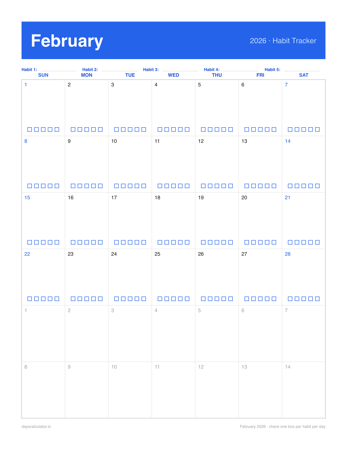 February 2026 printable habit tracker calendar with five checkboxes in each day