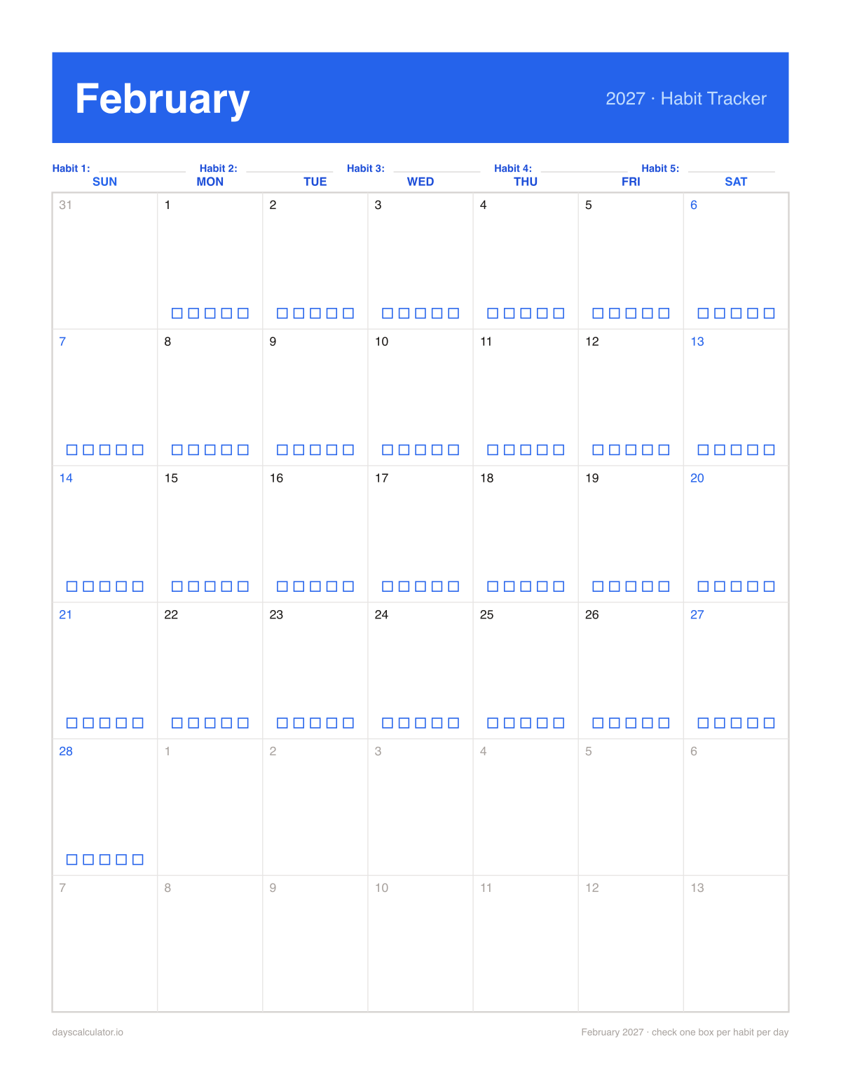 February 2027 printable habit tracker calendar with five checkboxes in each day