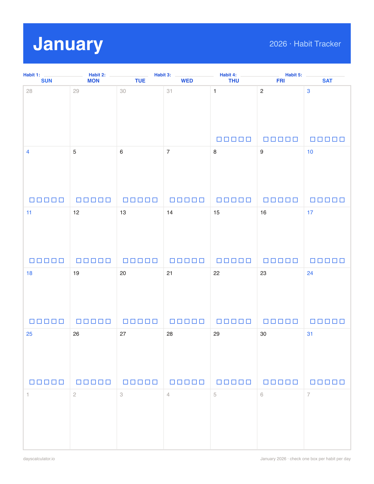 January 2026 printable habit tracker calendar with five checkboxes in each day