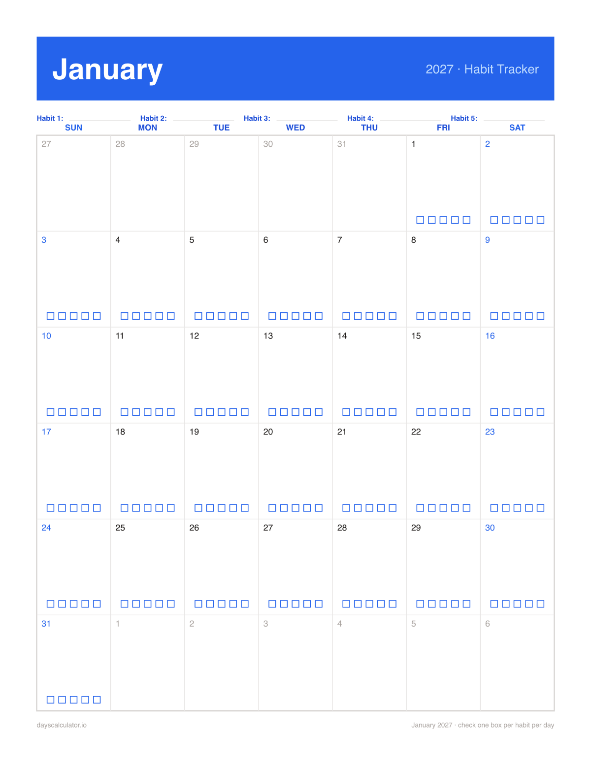 January 2027 printable habit tracker calendar with five checkboxes in each day