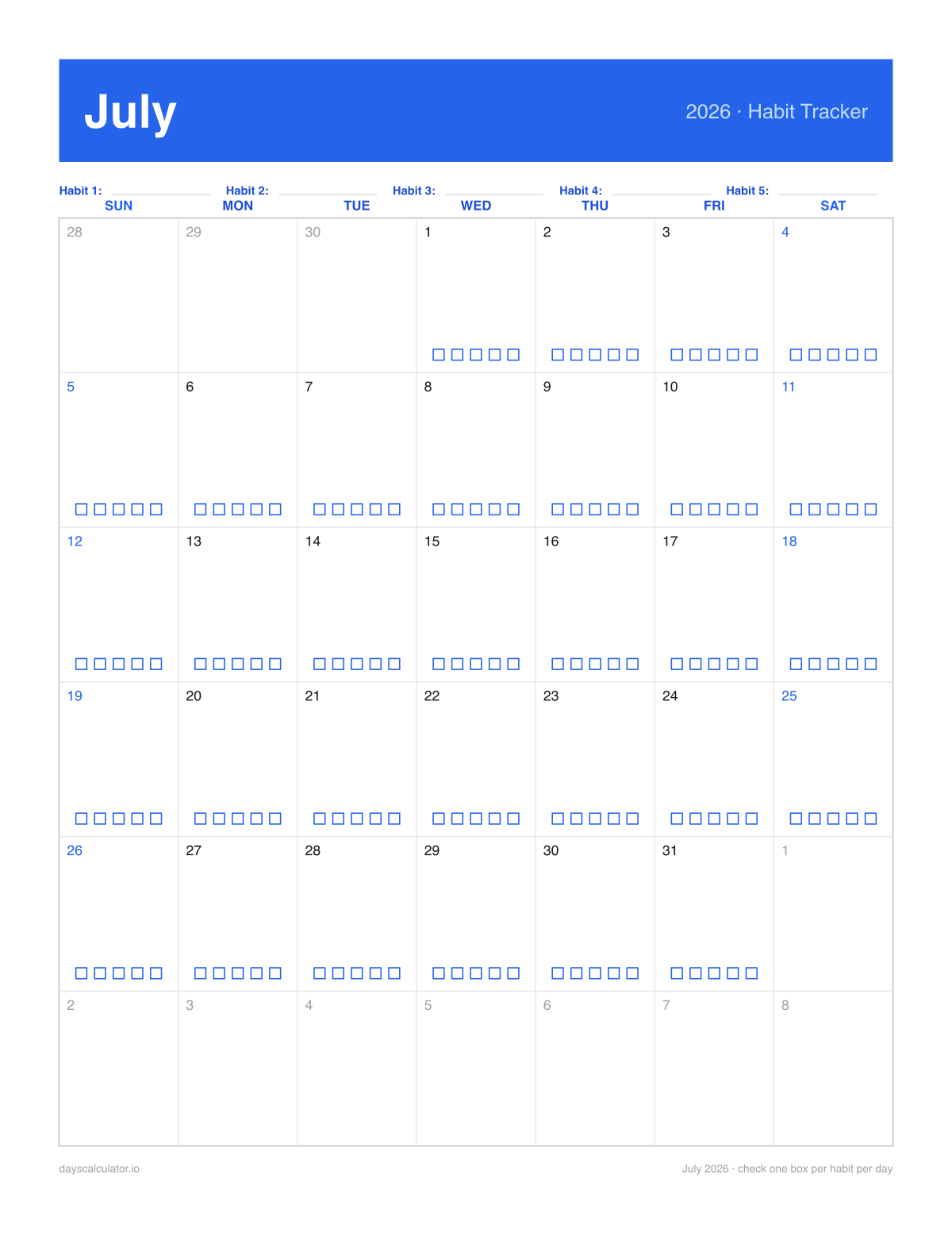 July 2026 printable habit tracker calendar with five checkboxes in each day