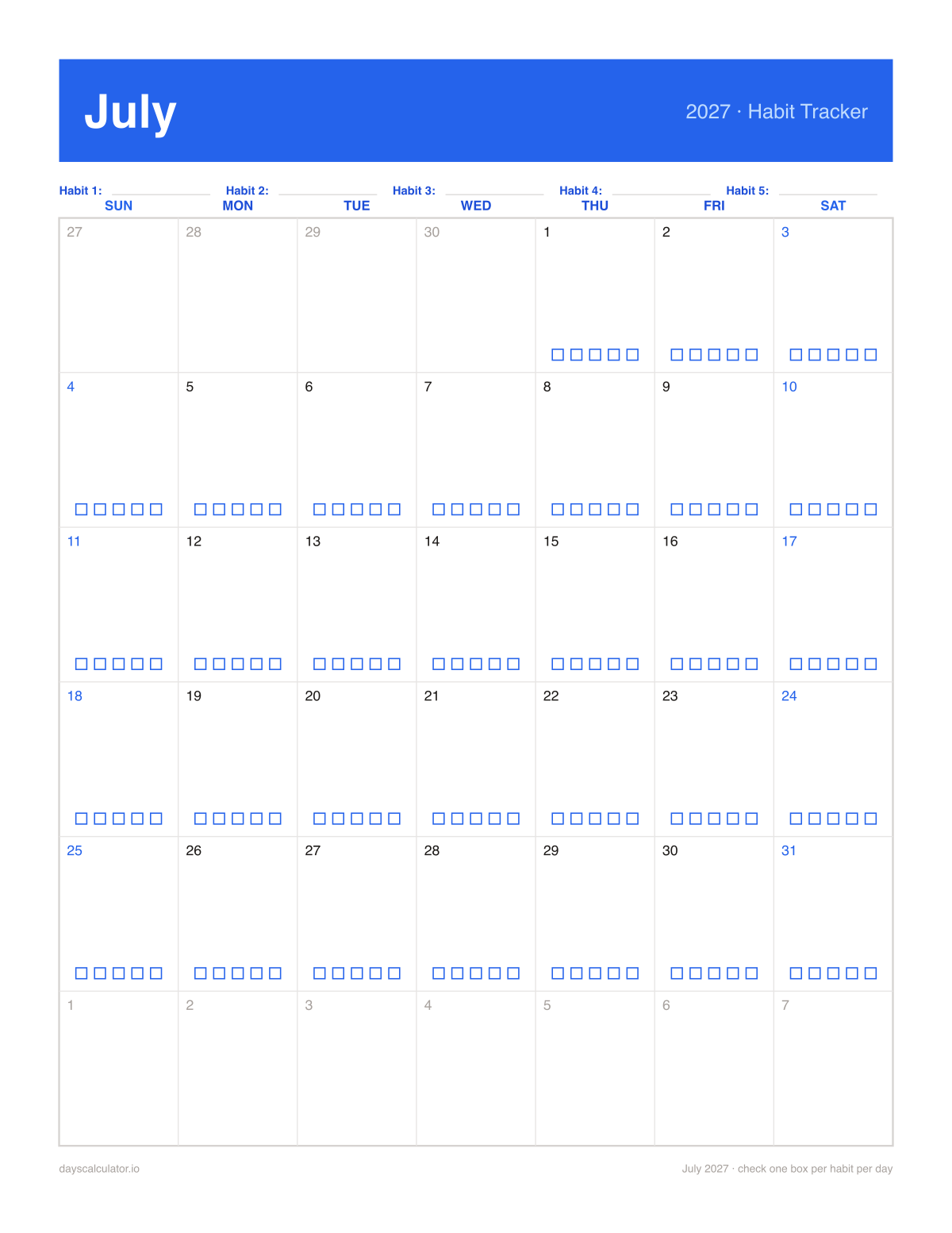 July 2027 printable habit tracker calendar with five checkboxes in each day