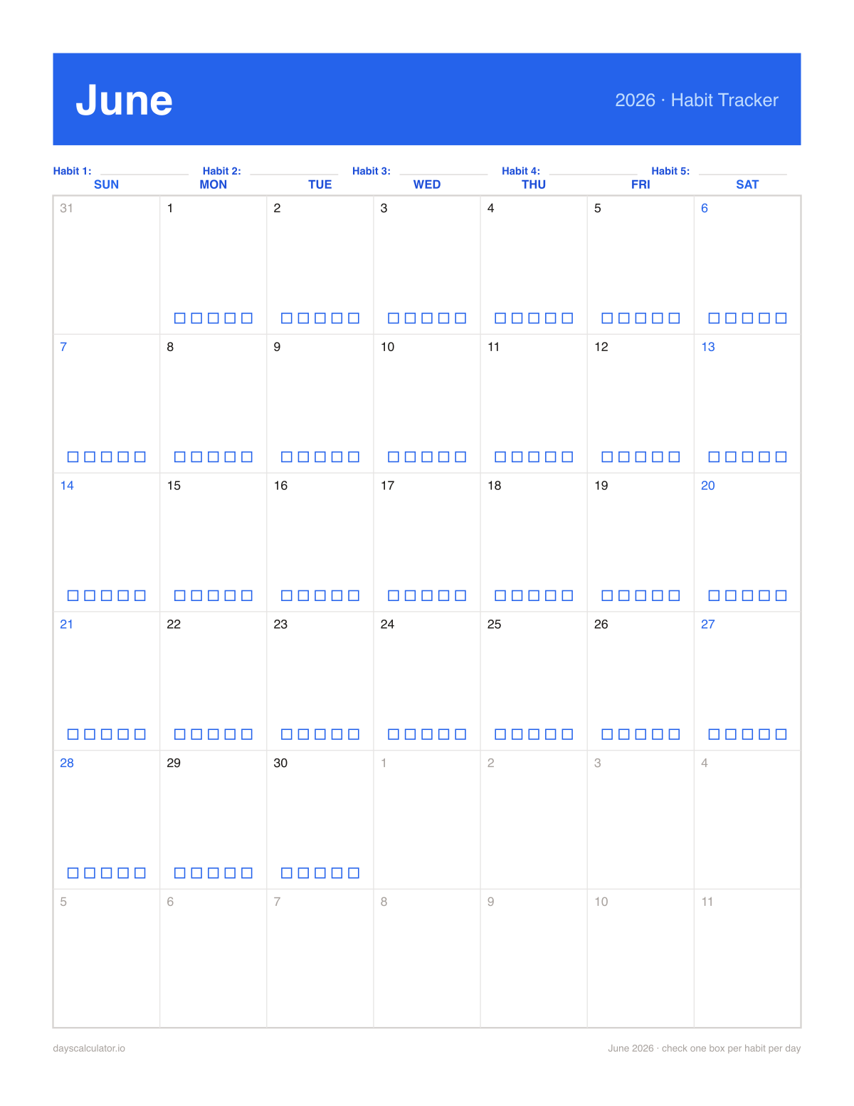 June 2026 printable habit tracker calendar with five checkboxes in each day