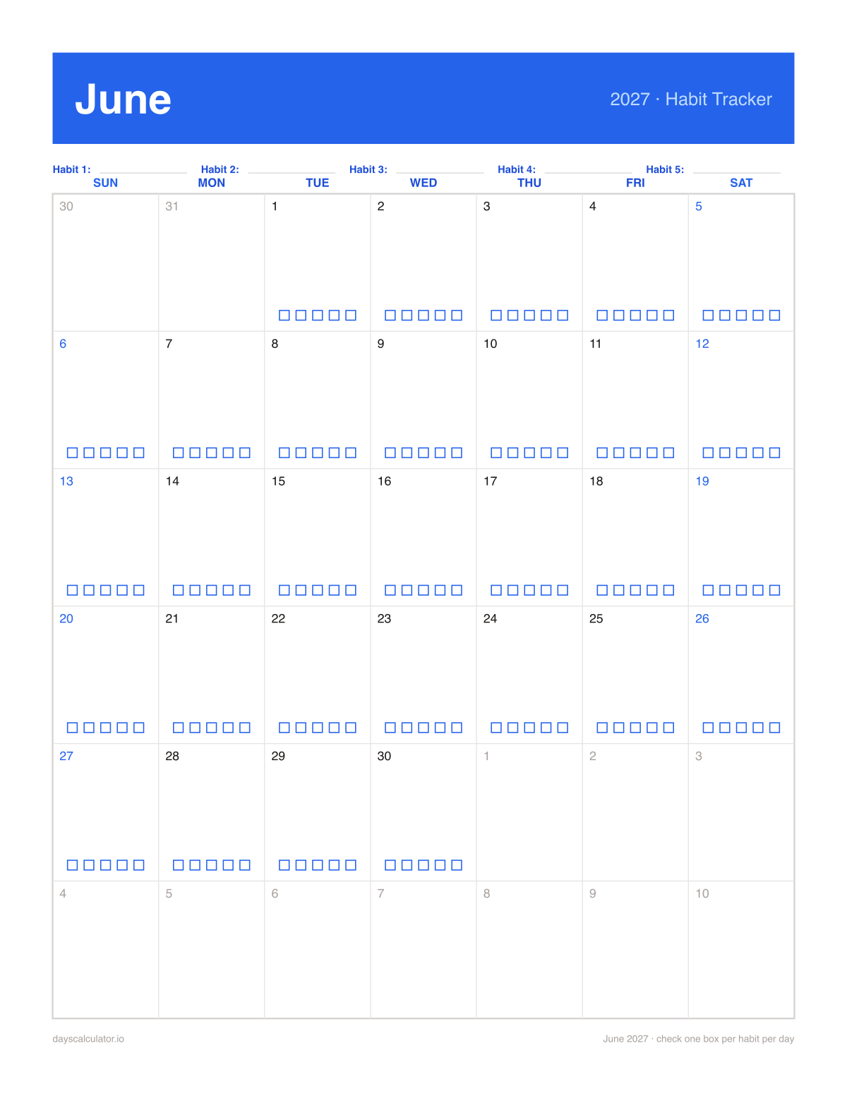 June 2027 printable habit tracker calendar with five checkboxes in each day