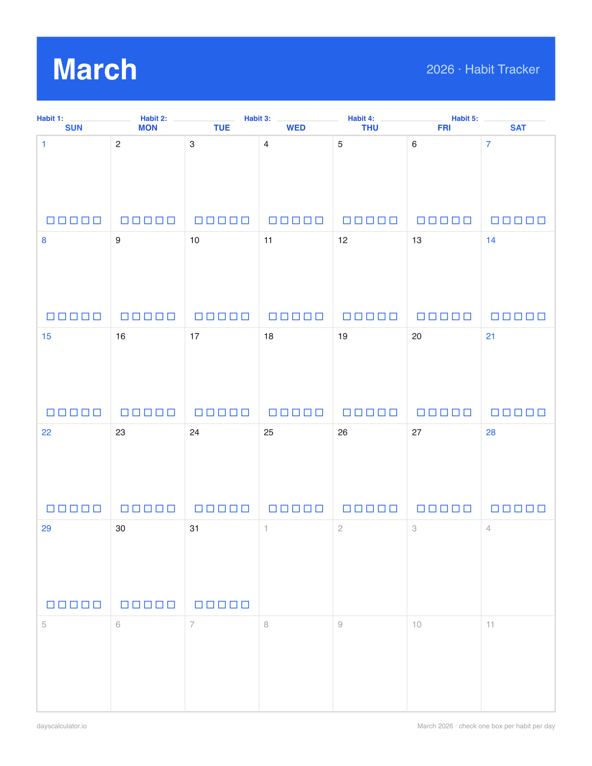 March 2026 printable habit tracker calendar with five checkboxes in each day