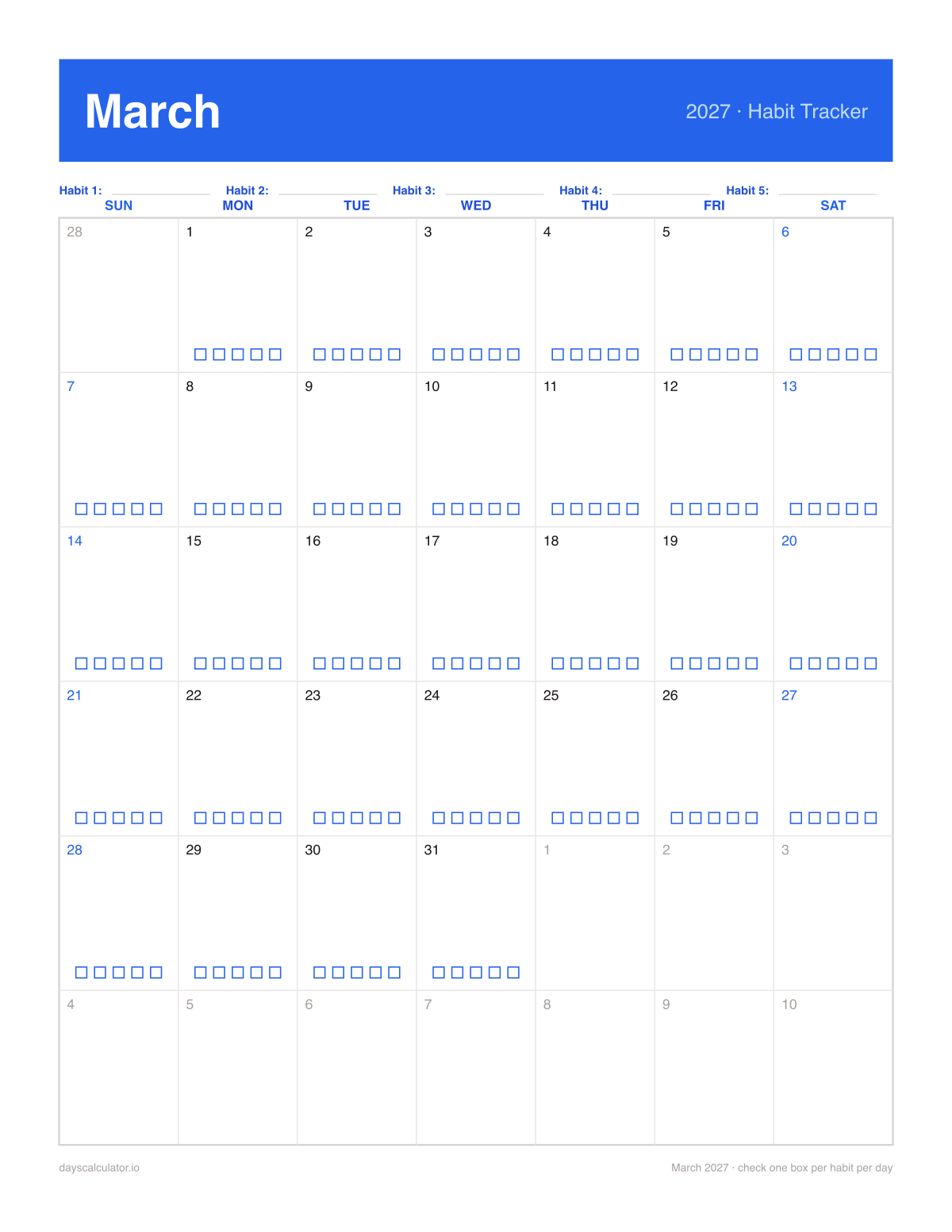 March 2027 printable habit tracker calendar with five checkboxes in each day