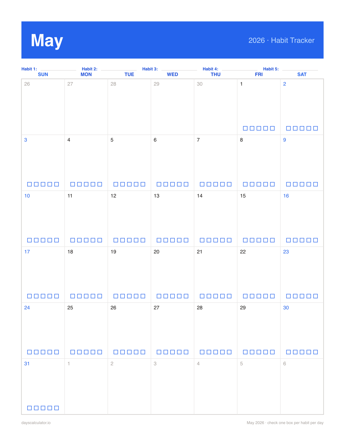 May 2026 printable habit tracker calendar with five checkboxes in each day